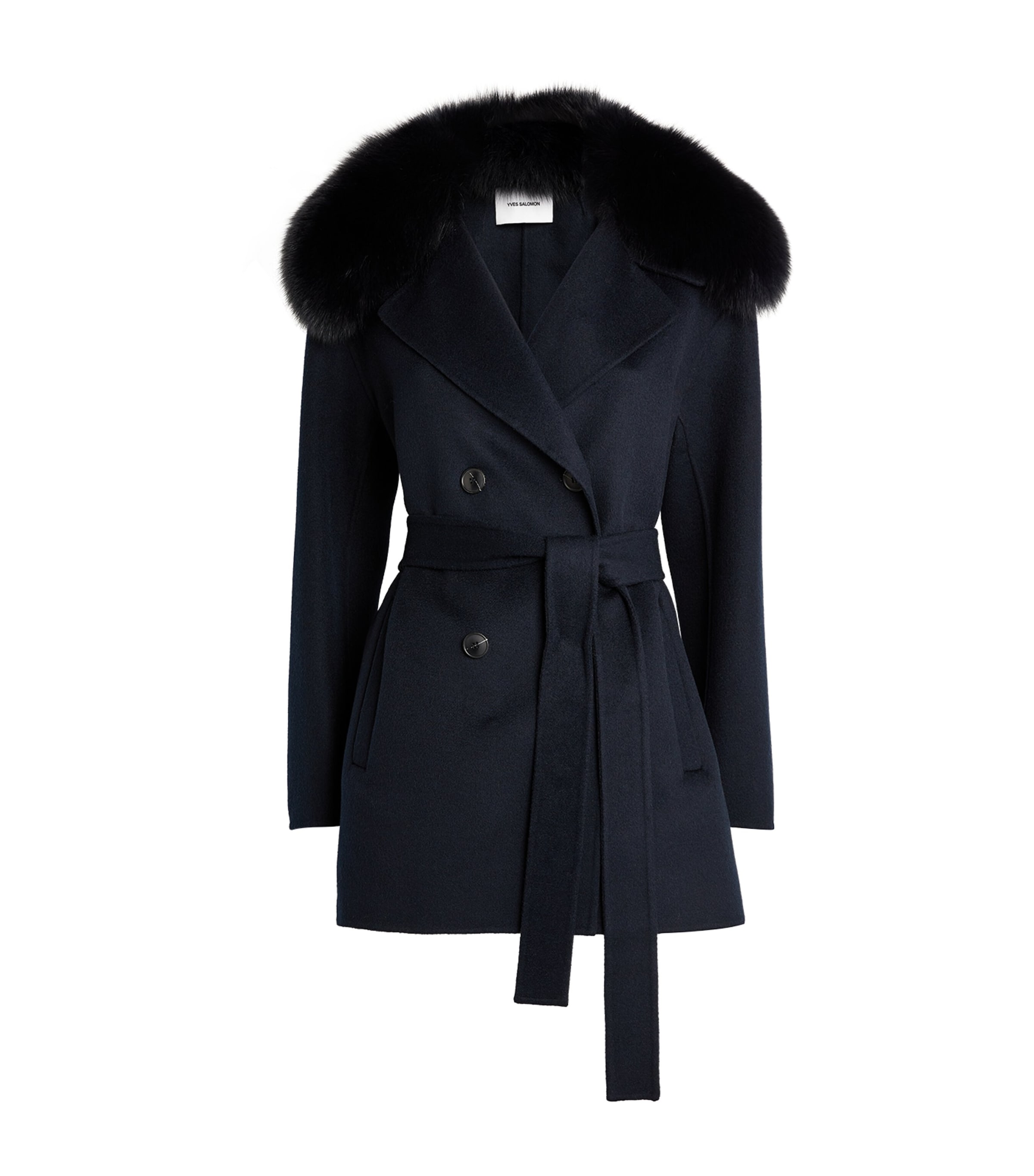 Shop Yves Salomon Wool-cashmere Fur-trim Coat In Blue