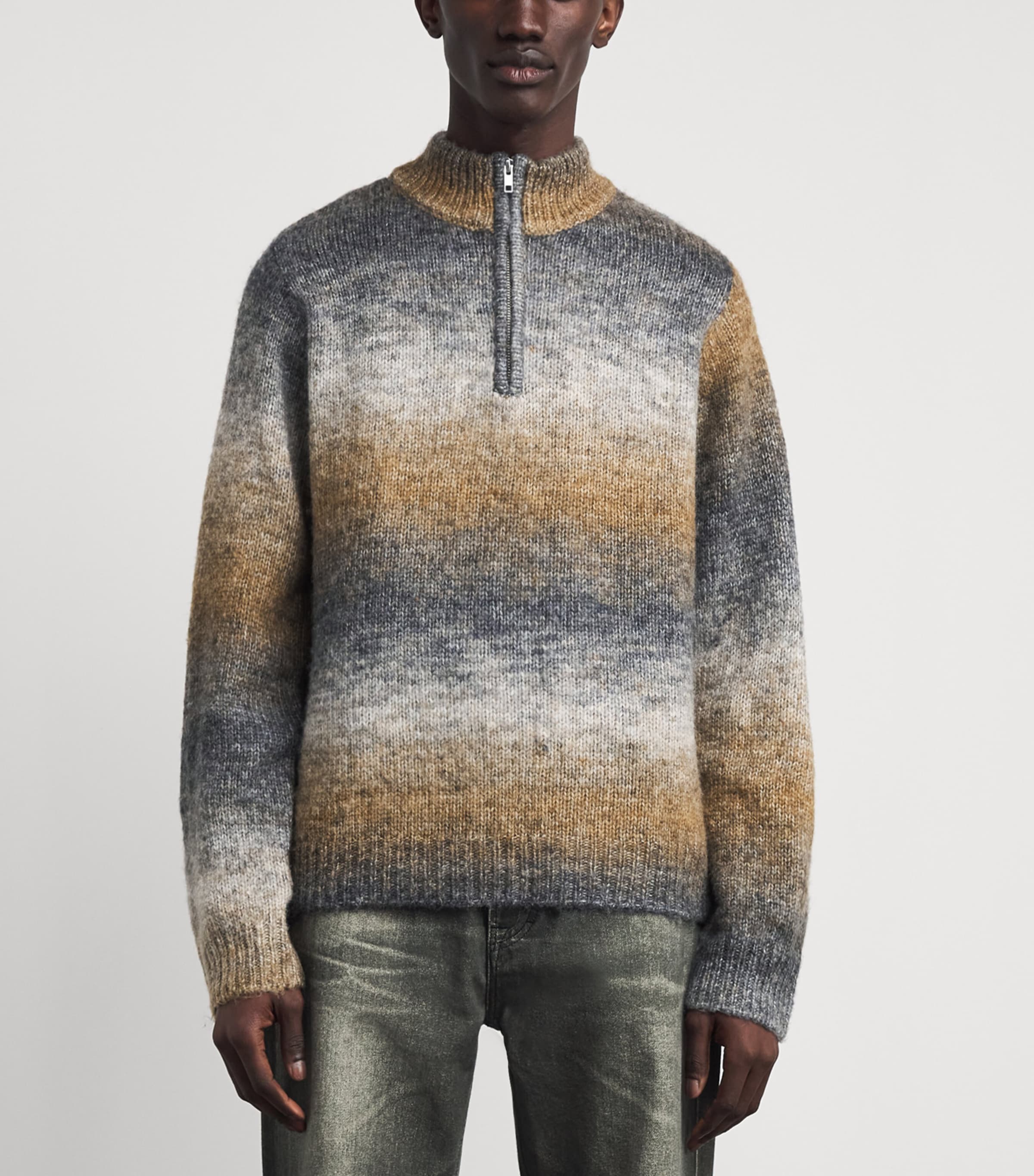 Won Hundred Mens Knitted Stripe Quarter-Zip Sweater Cobblestone Comb. Image 4