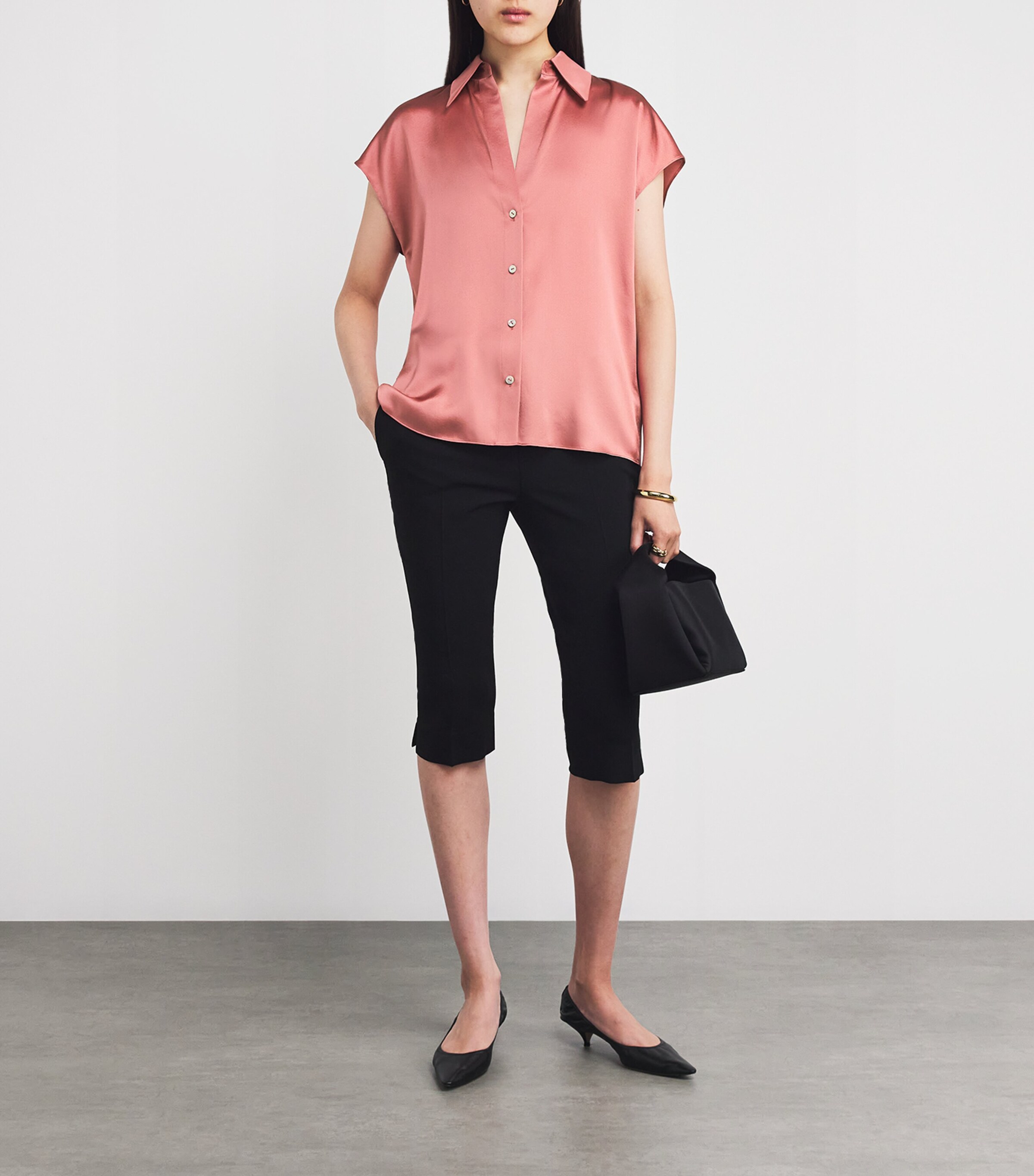 Vince Womens Silk Ruched-Back Button-Up Blouse Peony Wood Image 2