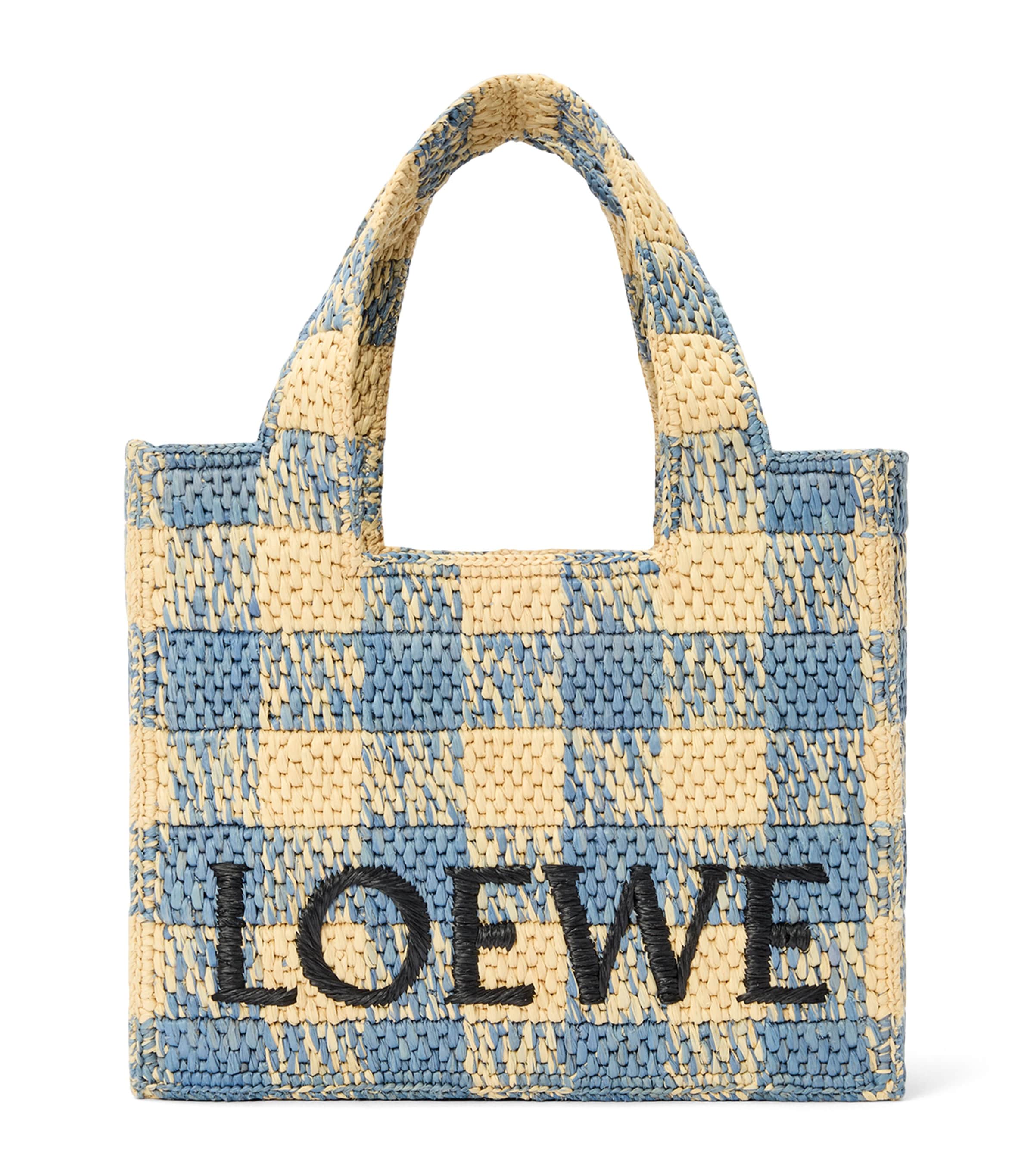 Loewe Small Tote Bag In Gingham Raffia In Beige