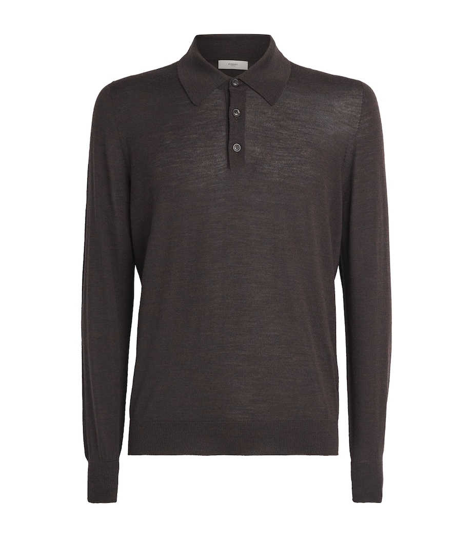 Purdey Mens Merino Wool Long-Sleeve Polo Shirt Chocolate Image 1