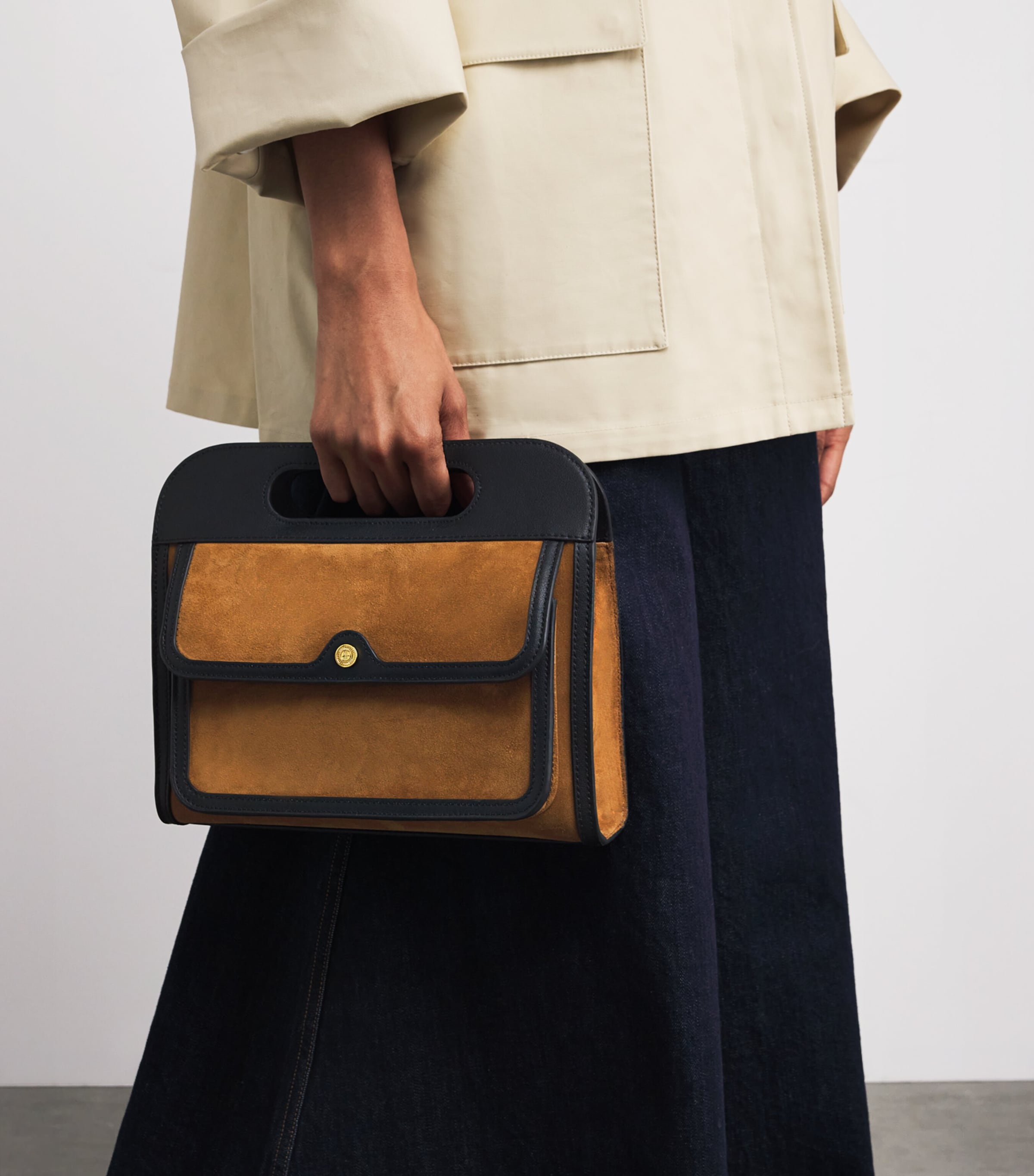 Suede Leather-Trim Top-Handle Bag BROWN Image 2