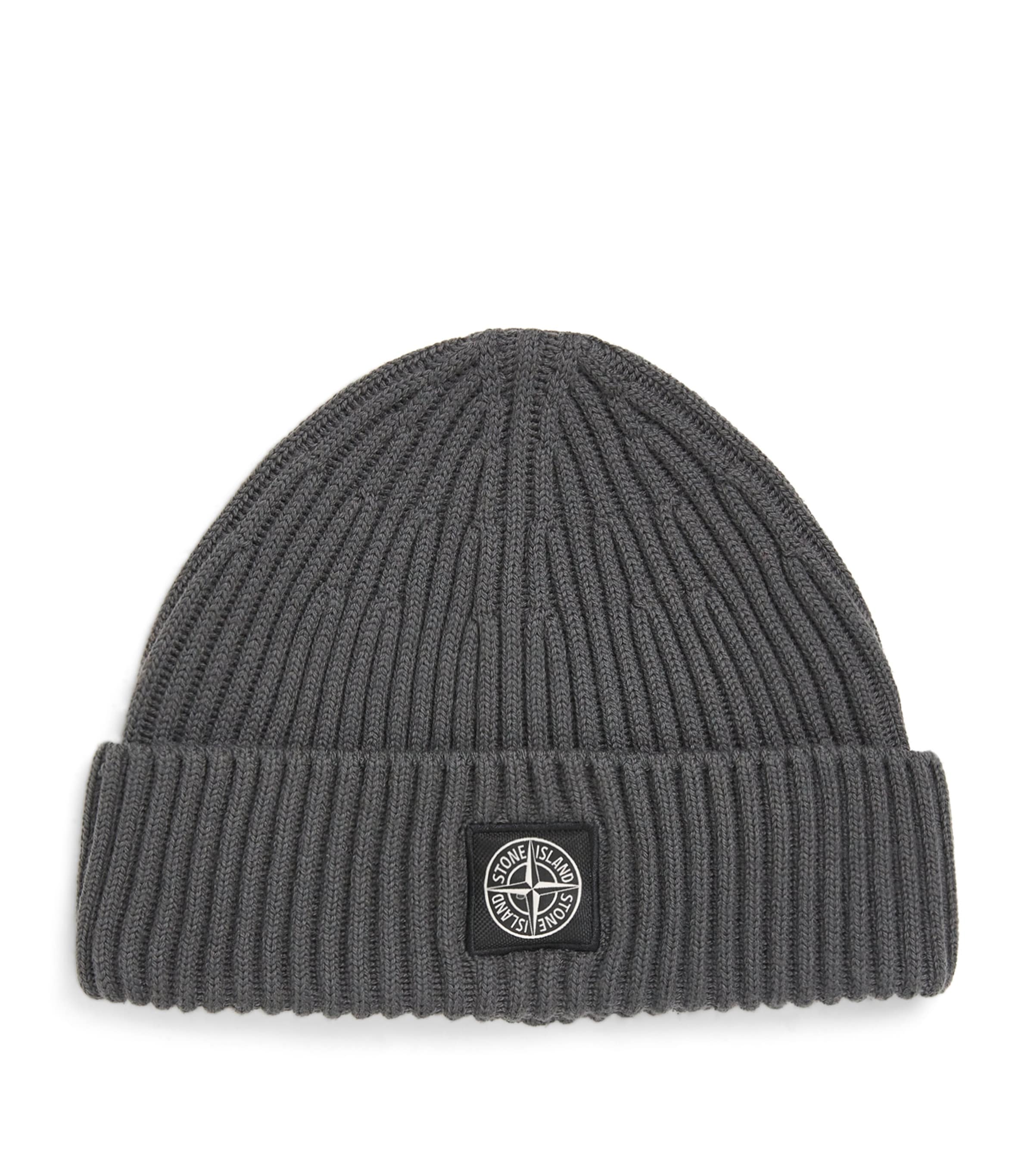 Stone Island Virgin Wool Ribbed Beanie In Gray