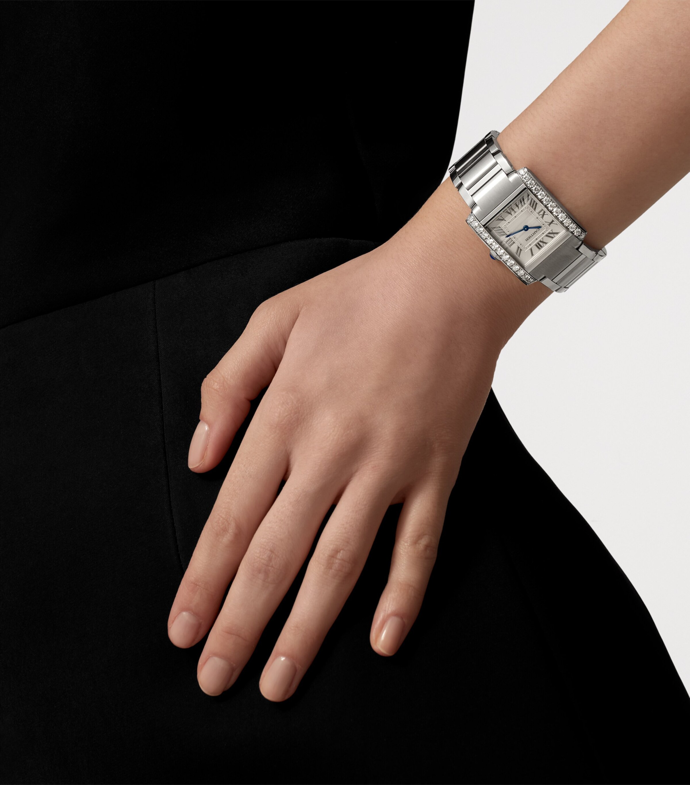 Medium Stainless Steel and Diamond Tank Française Watch 27mm SILVER Image 8