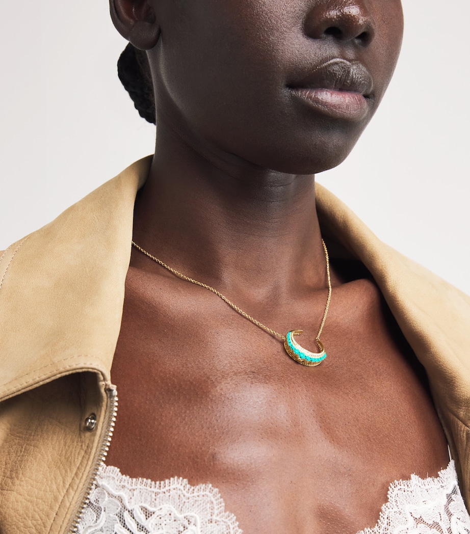 Small Yellow Gold, Diamond and Turquoise Crescent Moon Necklace YELLOW GOLD Image 2