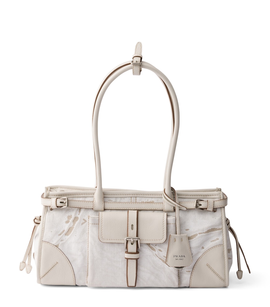 Prada Womens Medium Linen Bonnie Shoulder Bag White Image 1