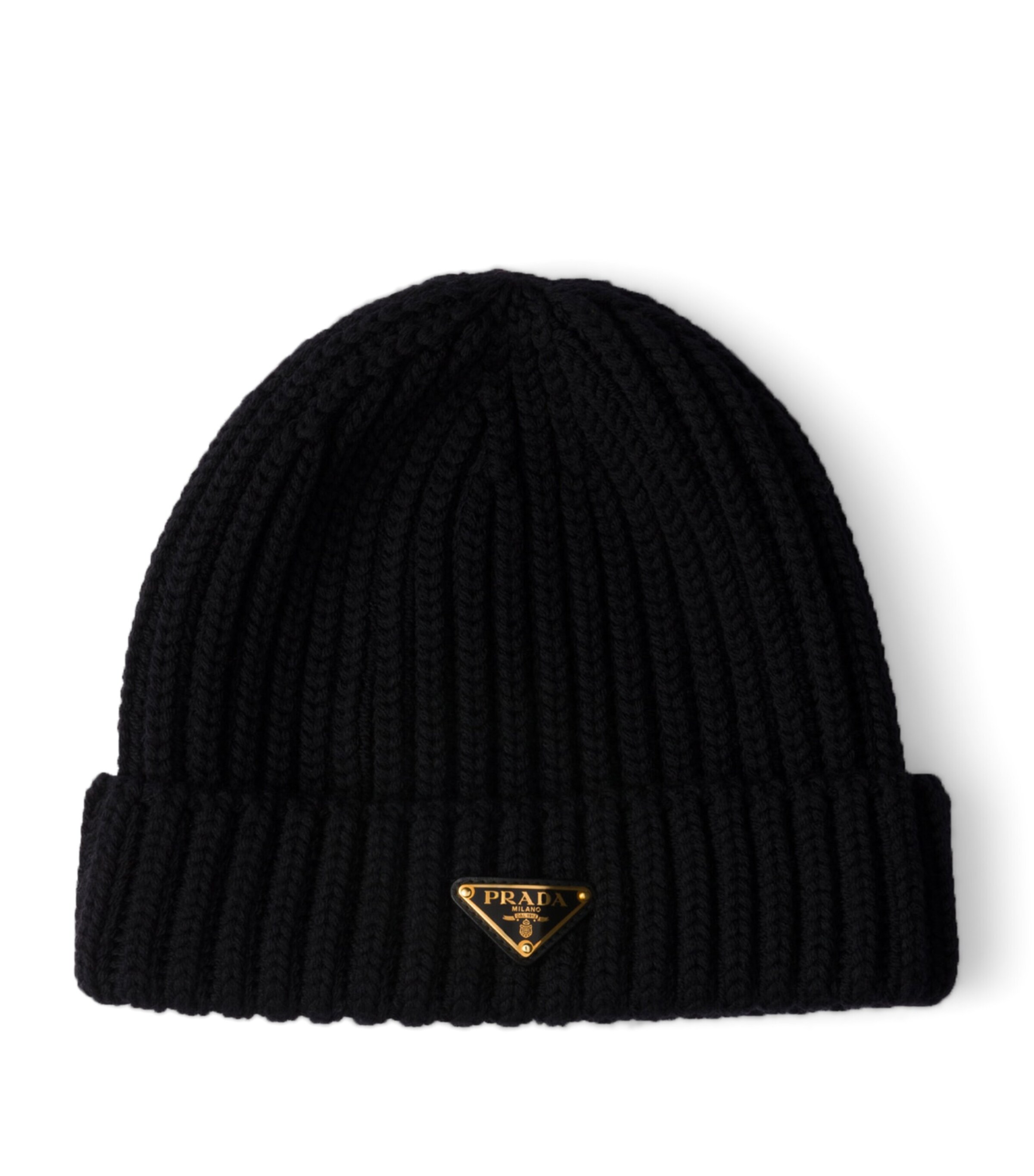 Prada Triangle-logo Ribbed Beanie In Black