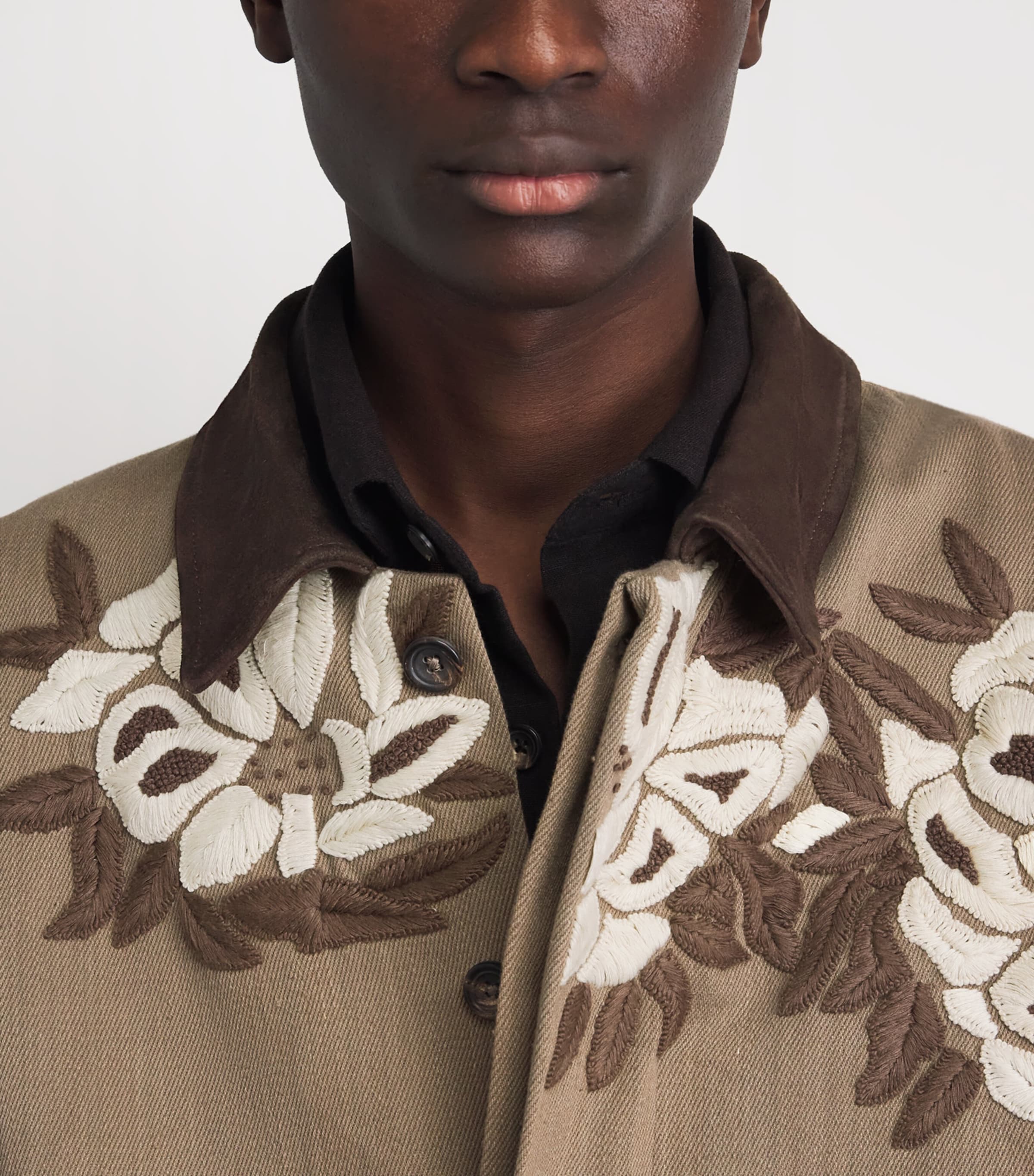 Kartik Research Mens Cotton-Suede Embroidered Jacket Beige/ Ecru/ Brown Image 3