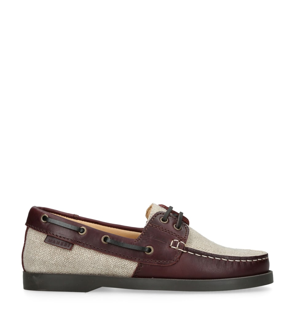 Manebi Canvas Leather-Trim Boat Shoes Brown/oth