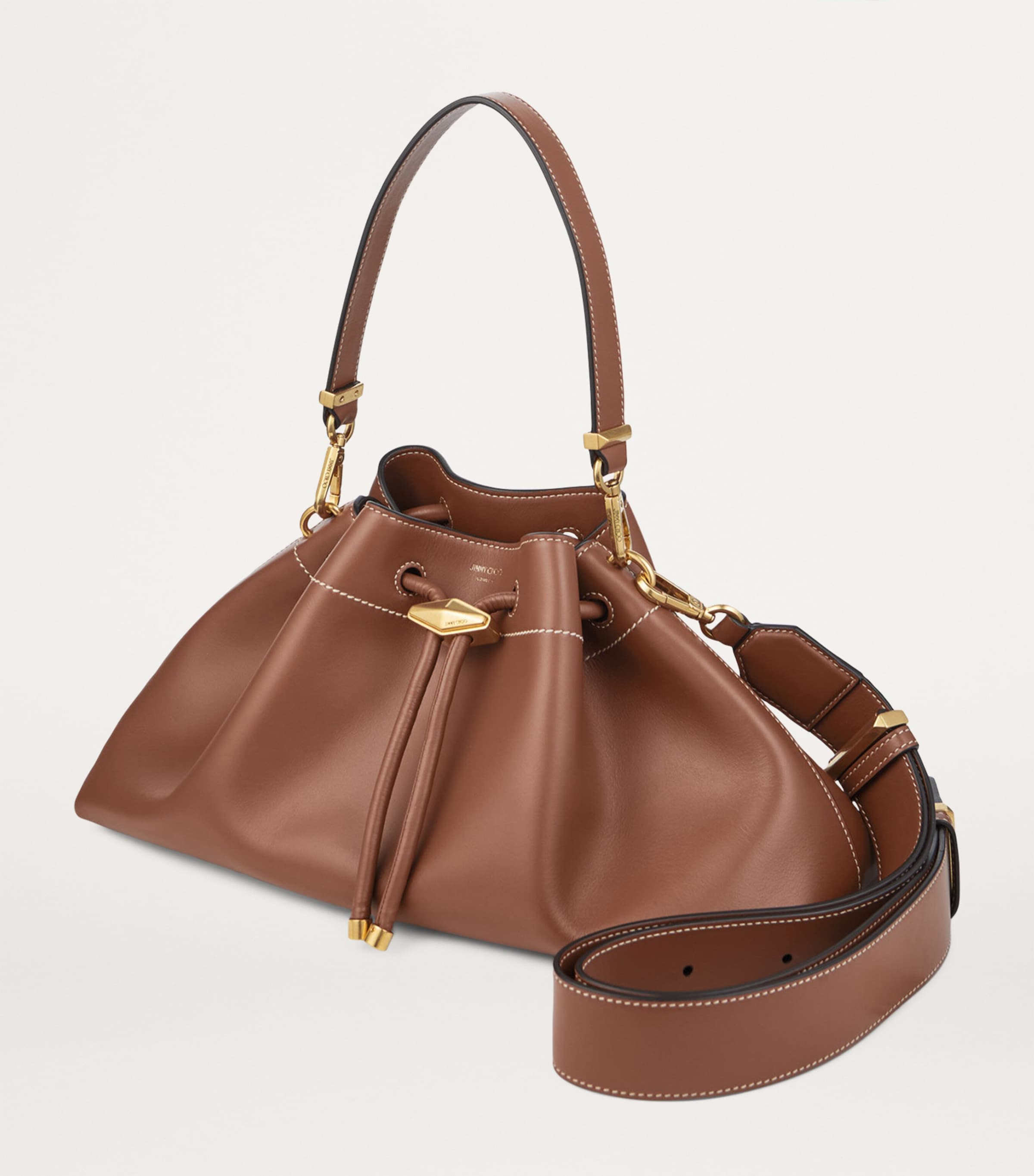 Medium Cinch Leather Bucket Bag TAN/ECRU/GOLD Image 4
