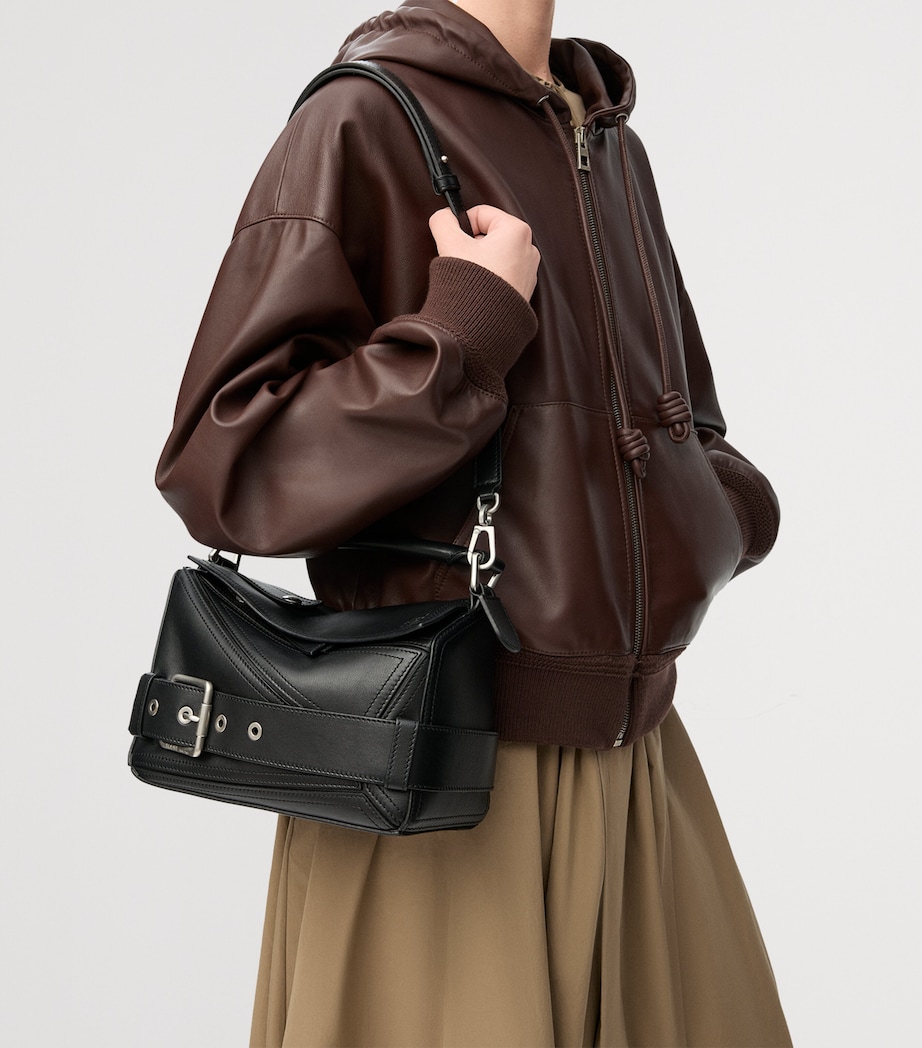 Small Leather Puzzle Biker Top-Handle Bag BLACK Image 10