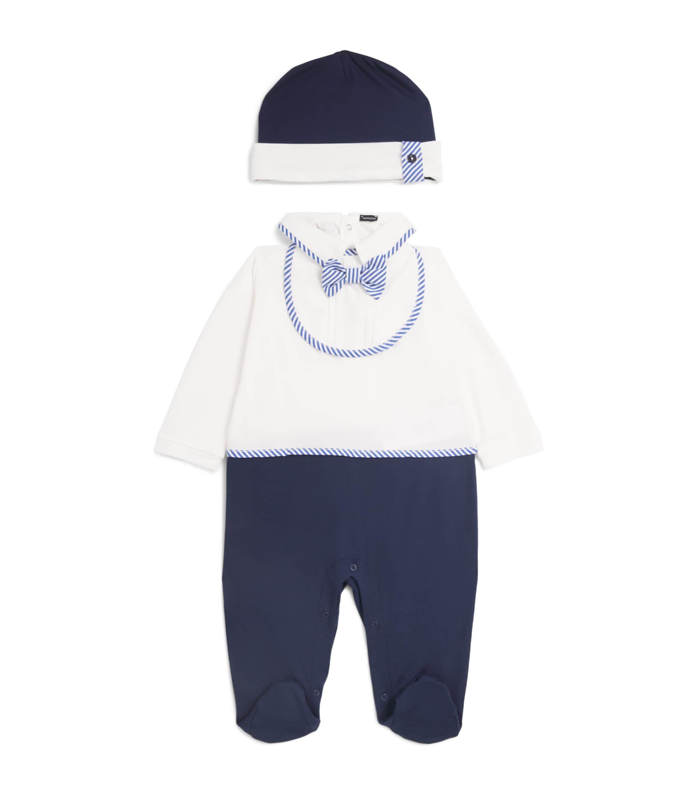 Monnalisa Stripe Trim All-In-One, Bib and Hat Set (1-9 Months) Cream+blue Image 1