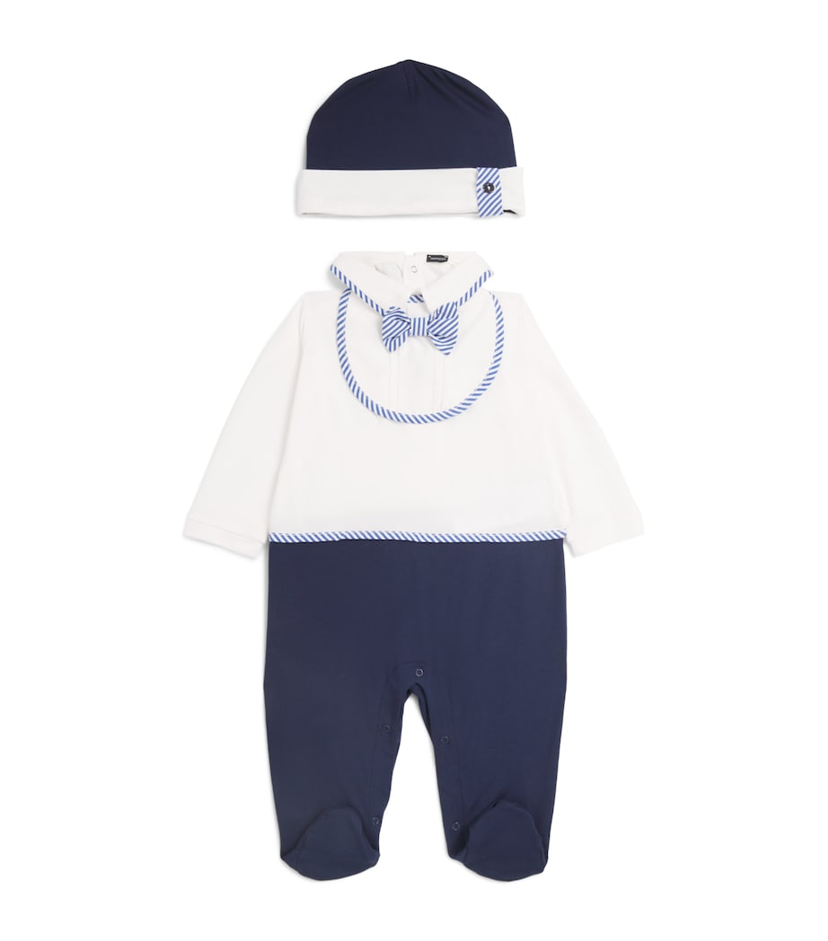 Monnalisa Stripe Trim All-In-One, Bib and Hat Set (1-9 Months) Cream+blue Image 1