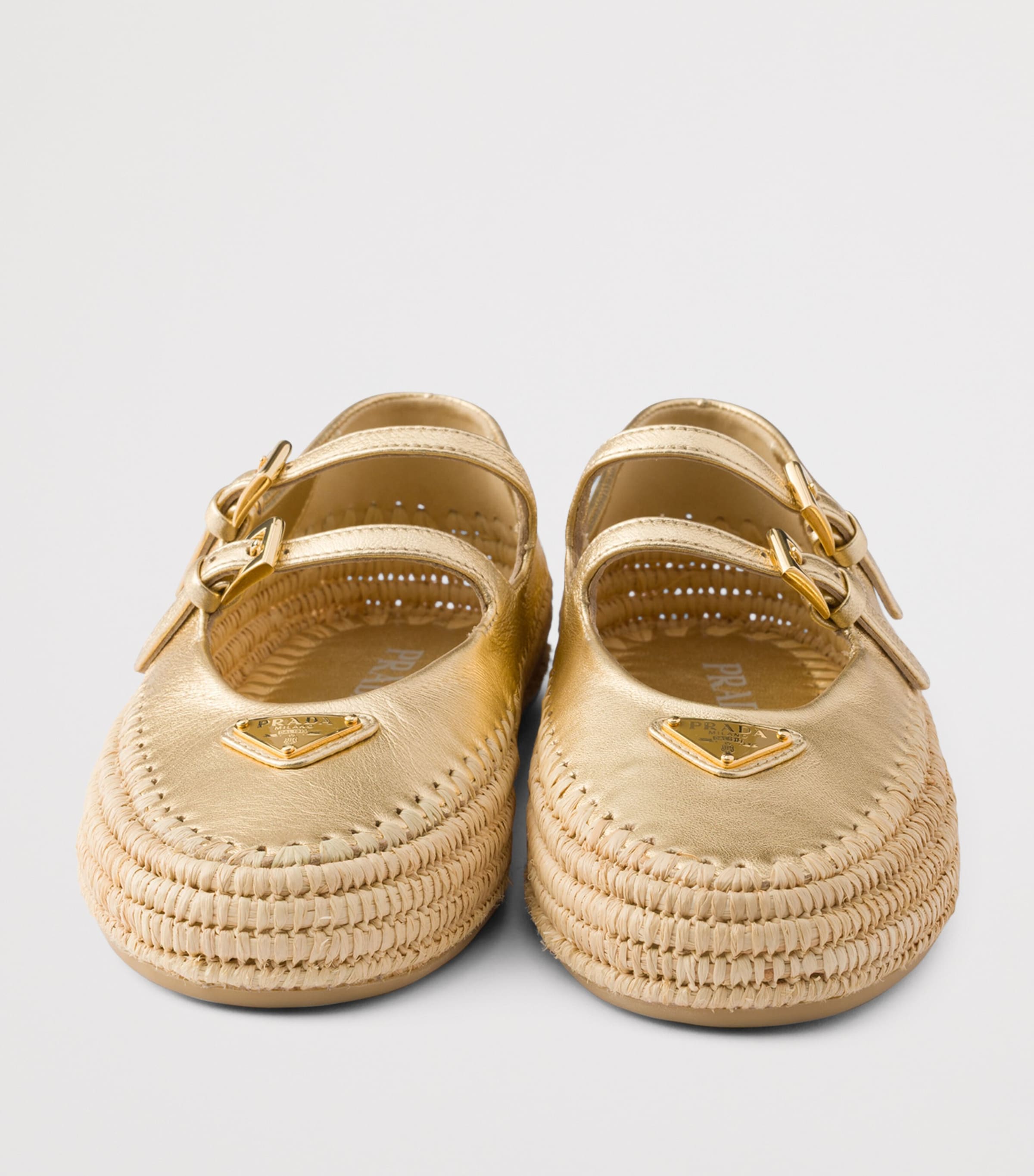 Prada Metallic Leather and Raffia Ballet Flats Gold/silver Image 5
