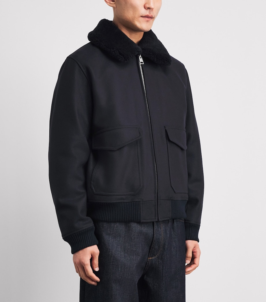Sandro Paris Mens Wool-Blend Shearling Collar Aviator Jacket Navy Blue Image 4