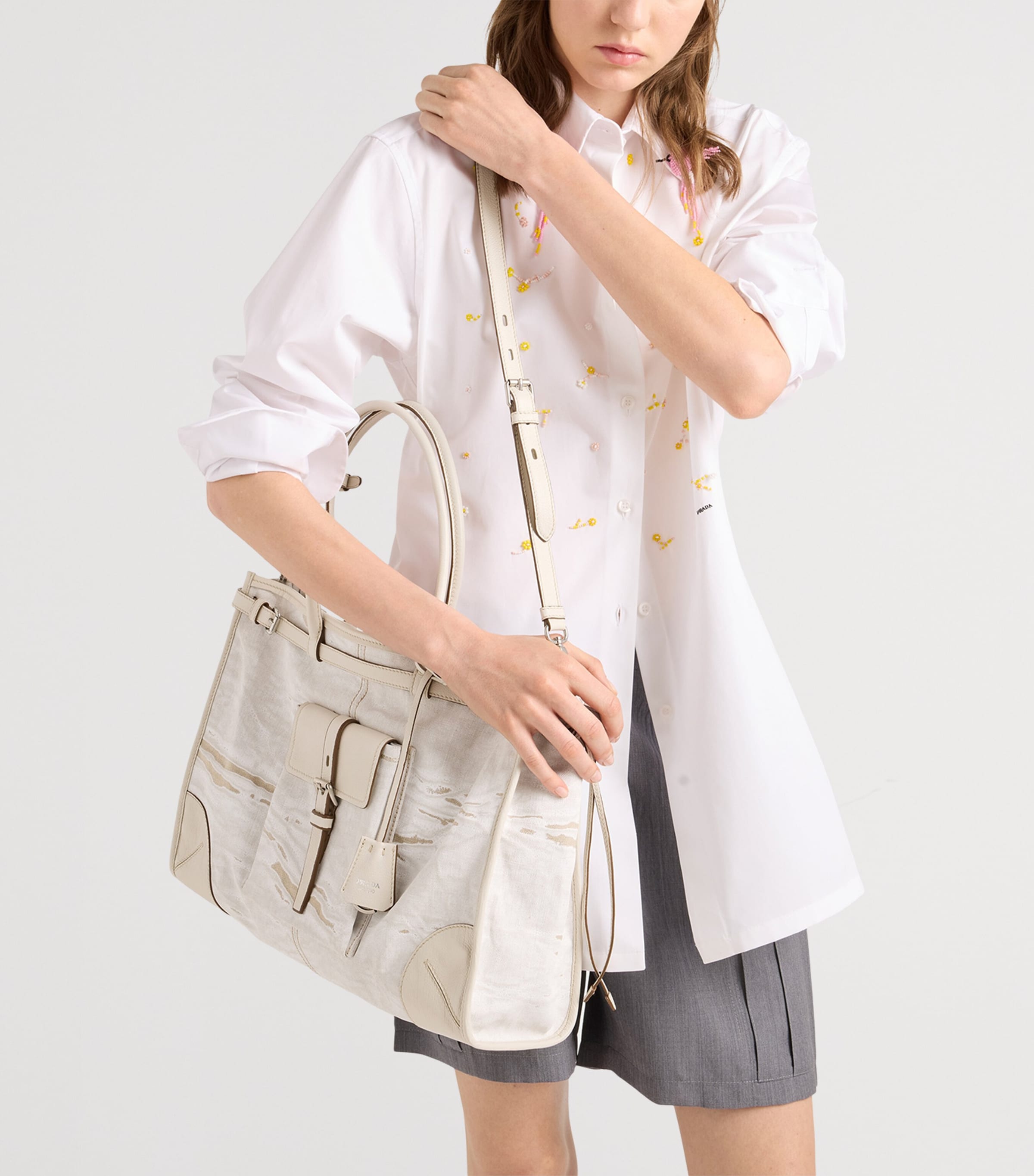 Prada Womens Printed Linen Bonnie Shoulder Bag White Image 4