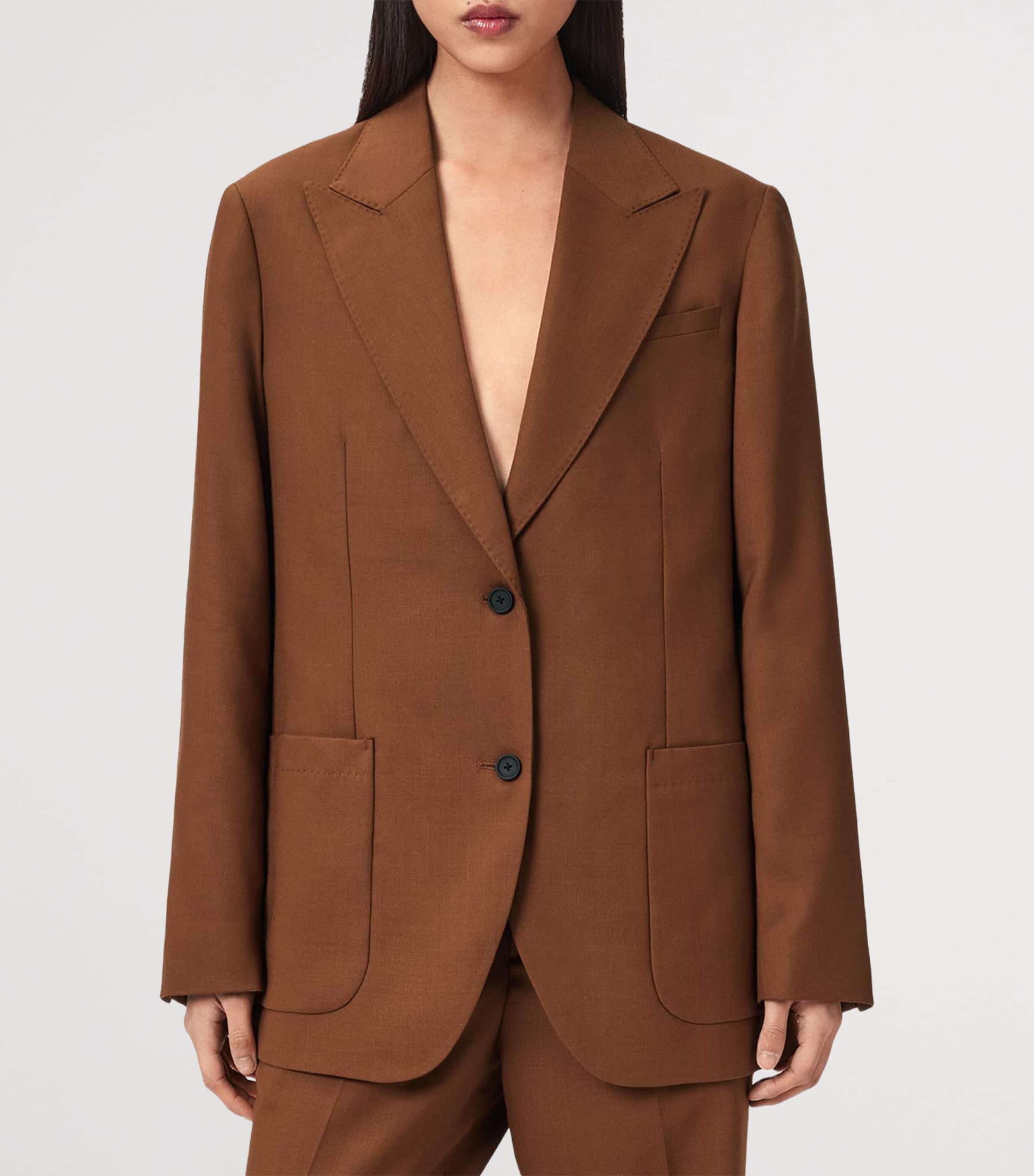 AllSaints Womens Wool-Blend Beck Blazer Cognac Brown Image 3