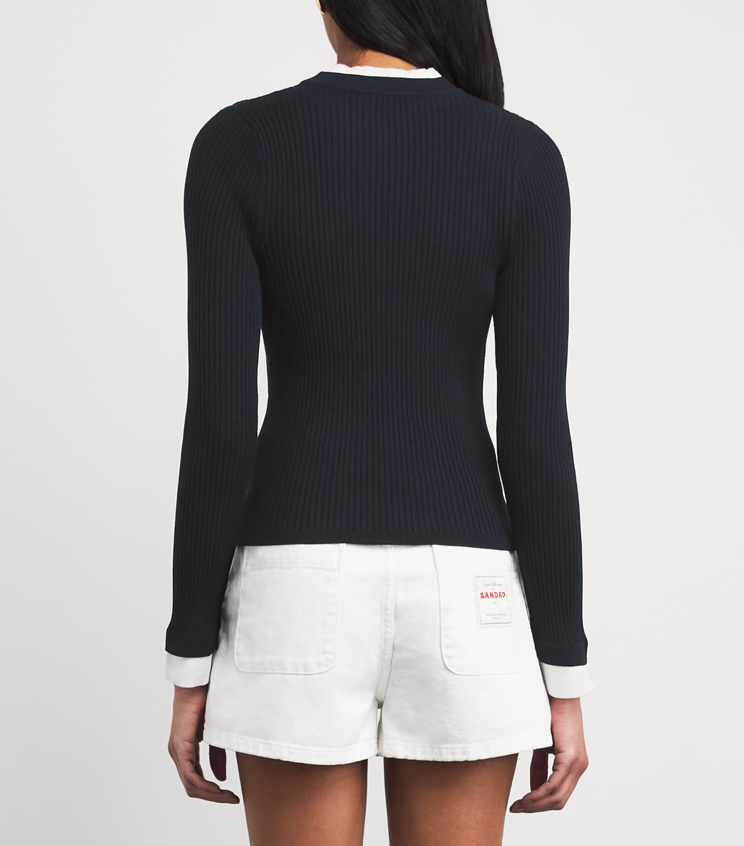 Sandro Paris Womens Ribbed Contrast-Trim Logo Sweater Navy Blue Image 5