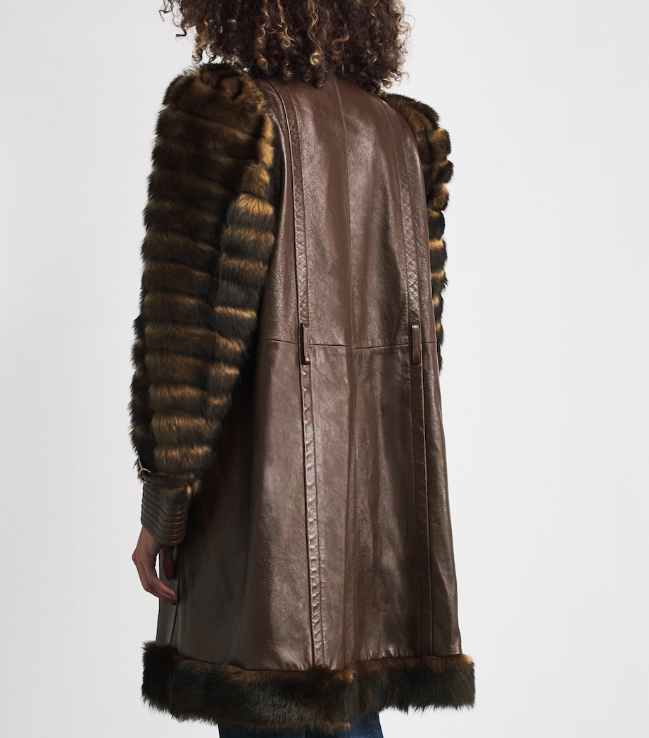 Leather Fur-Trim Coat CHOCOLATE Image 4
