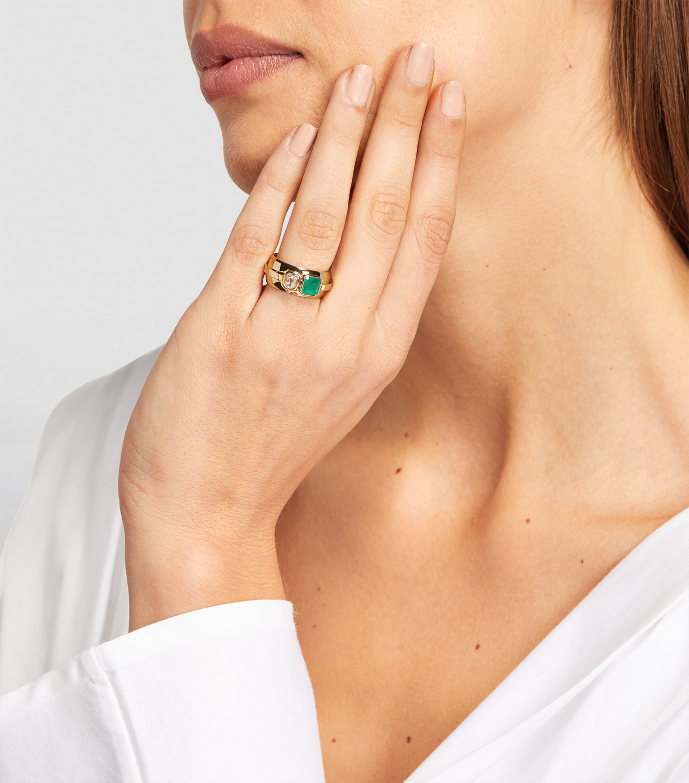 Azlee Yellow Gold, Diamond and Emerald Duet Staircase Ring Yellow Gold Image 5