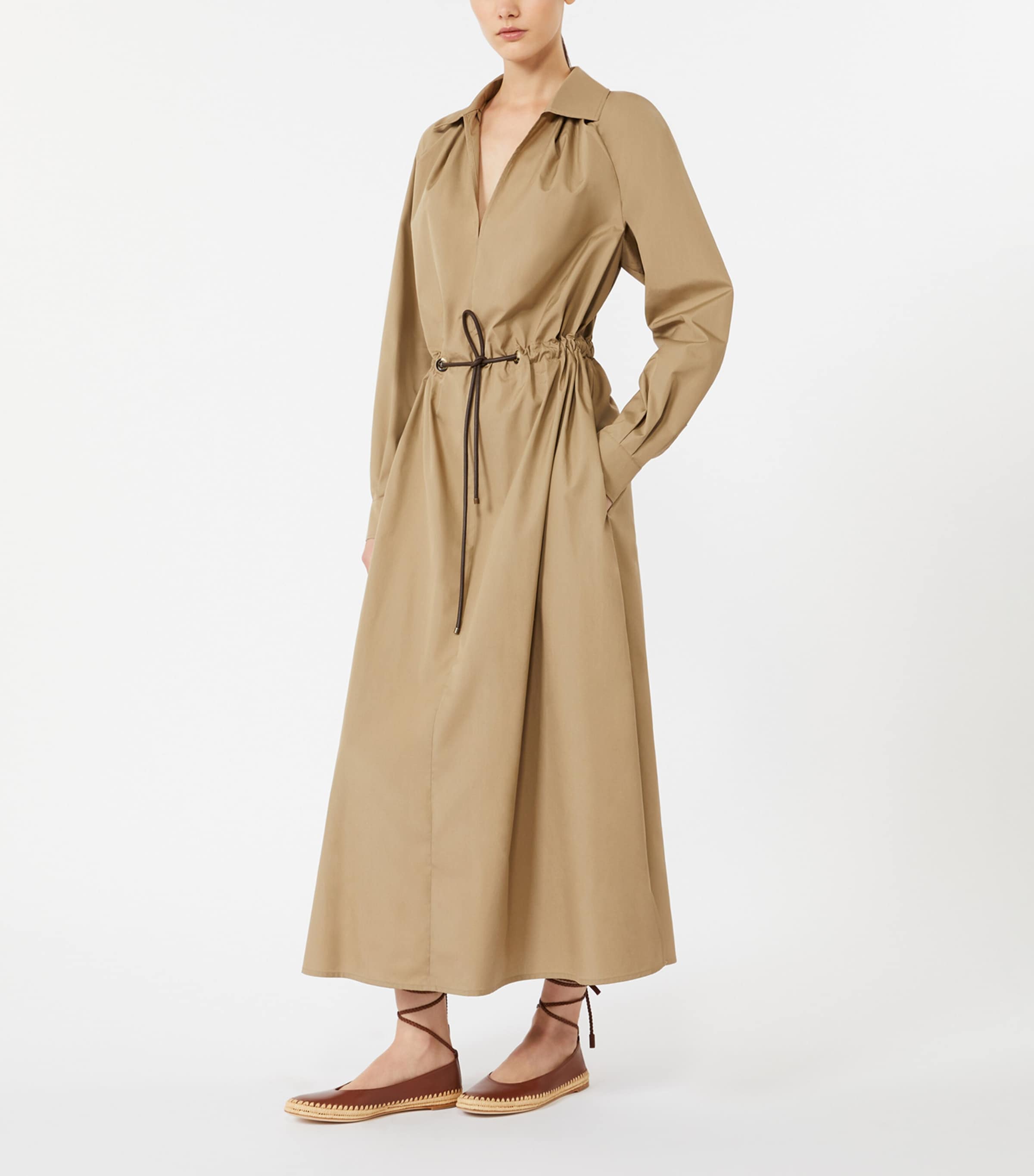 Max Mara Womens Cotton Drawstring Midi Shirt Dress Kaki Image 3