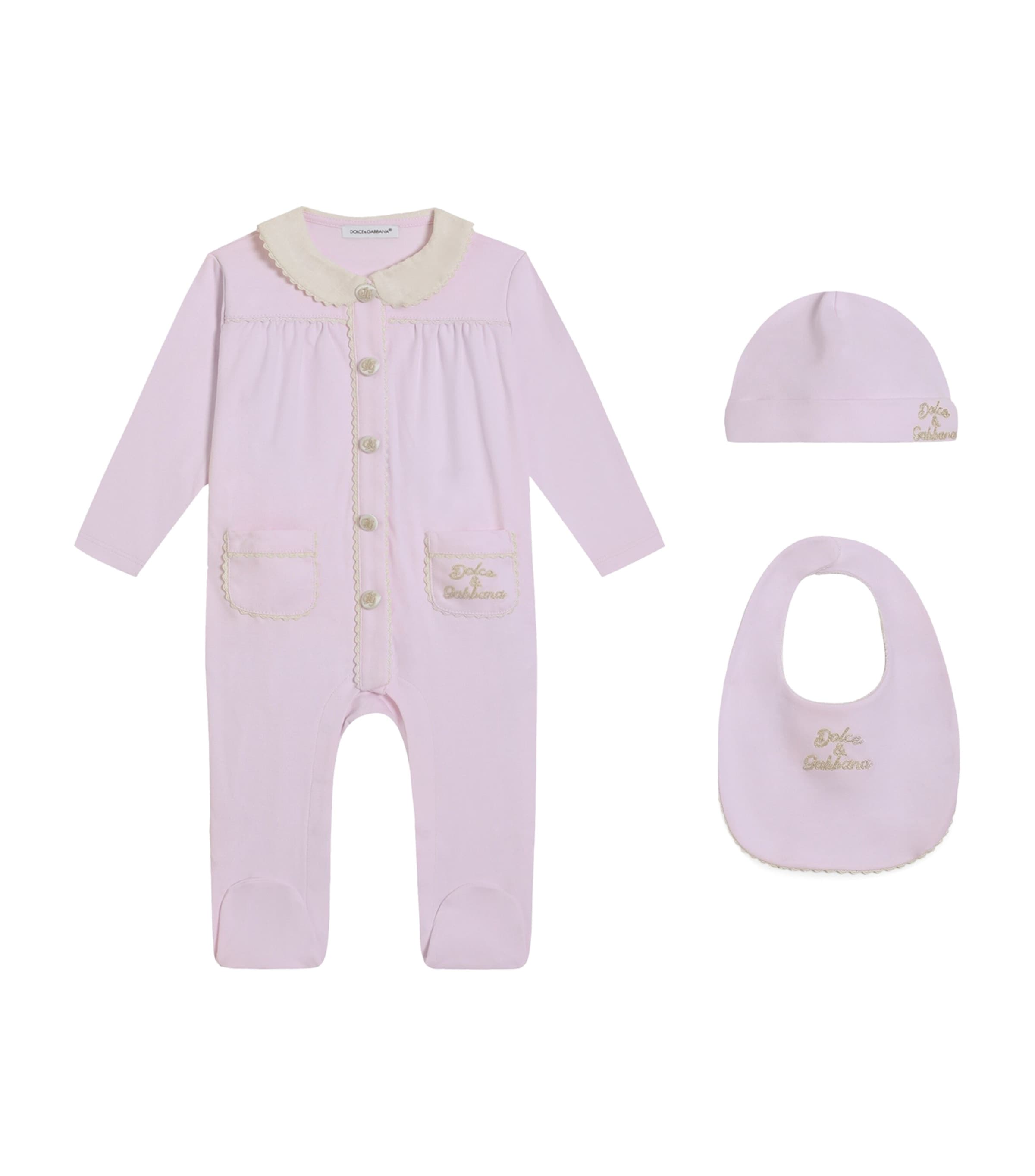 Dolce&Gabbana Kids Cotton Logo All-In-One, Bib and Hat Set (0-24 Months) Very Light Pow Image 1