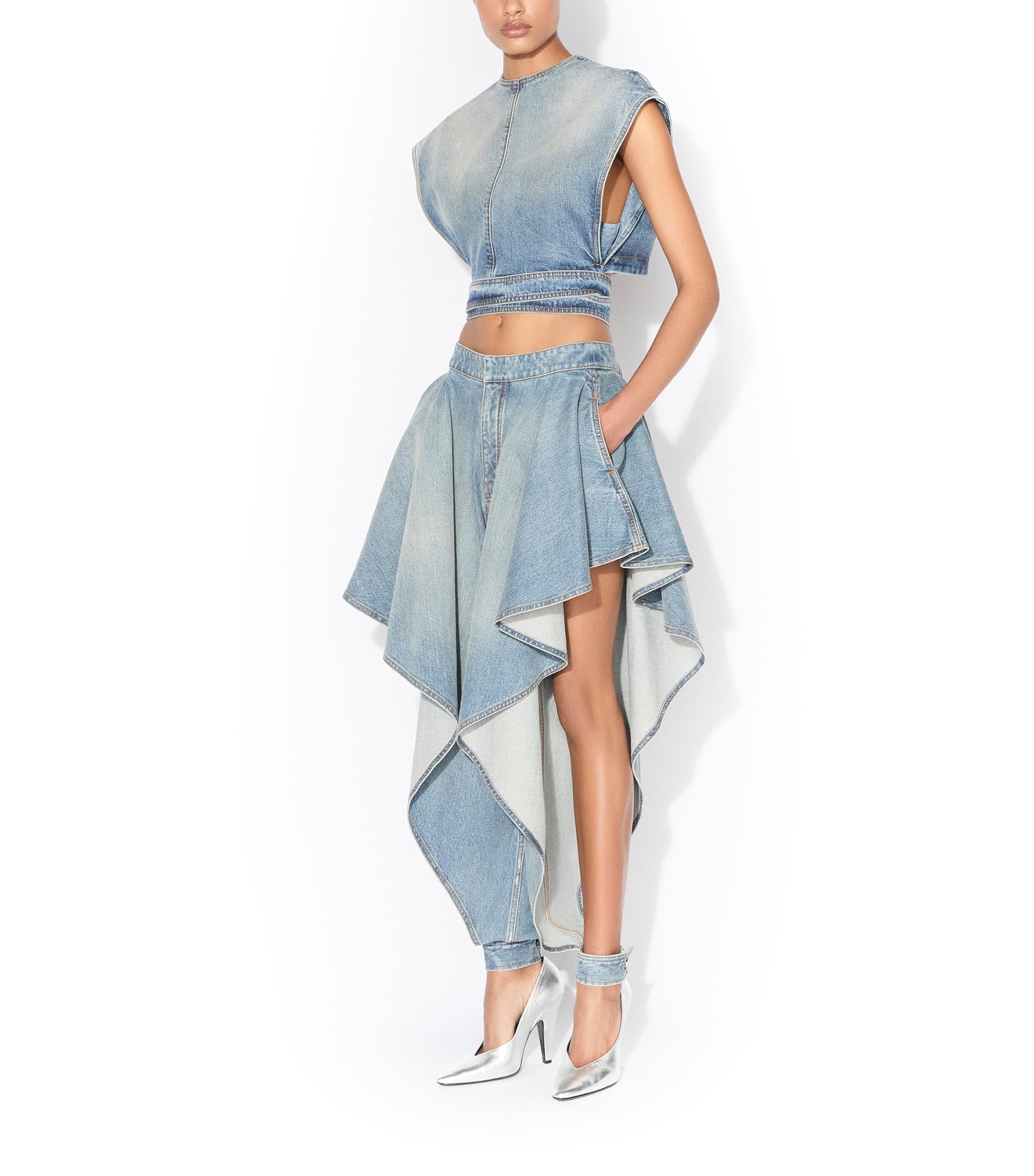 Alaïa Womens Japanese Denim Open-Leg Jeans Faded Blue Image 2