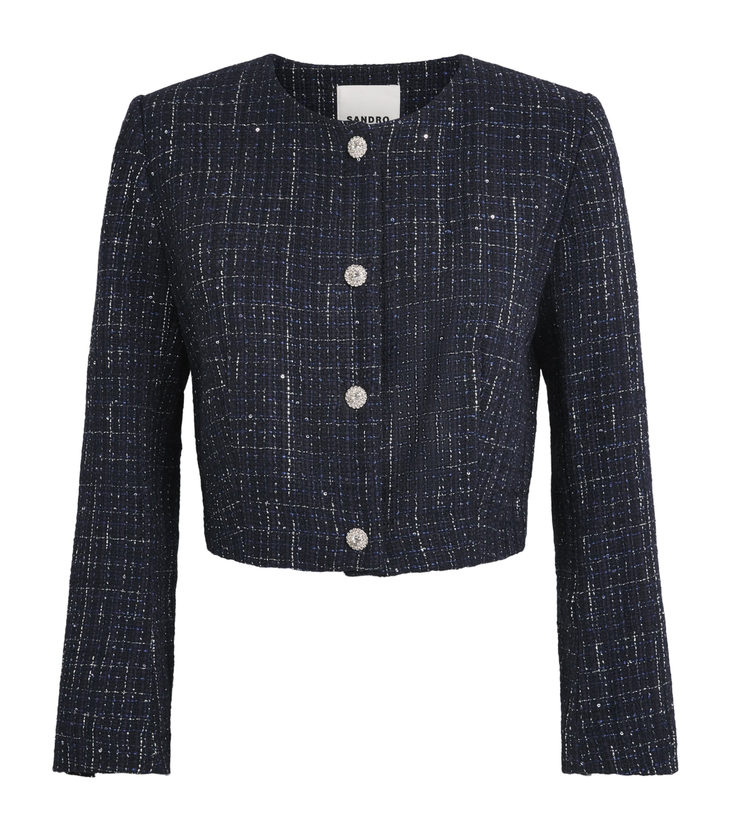 Sandro Paris Womens Tweed Sequinned Cropped Jacket Blue Image 1
