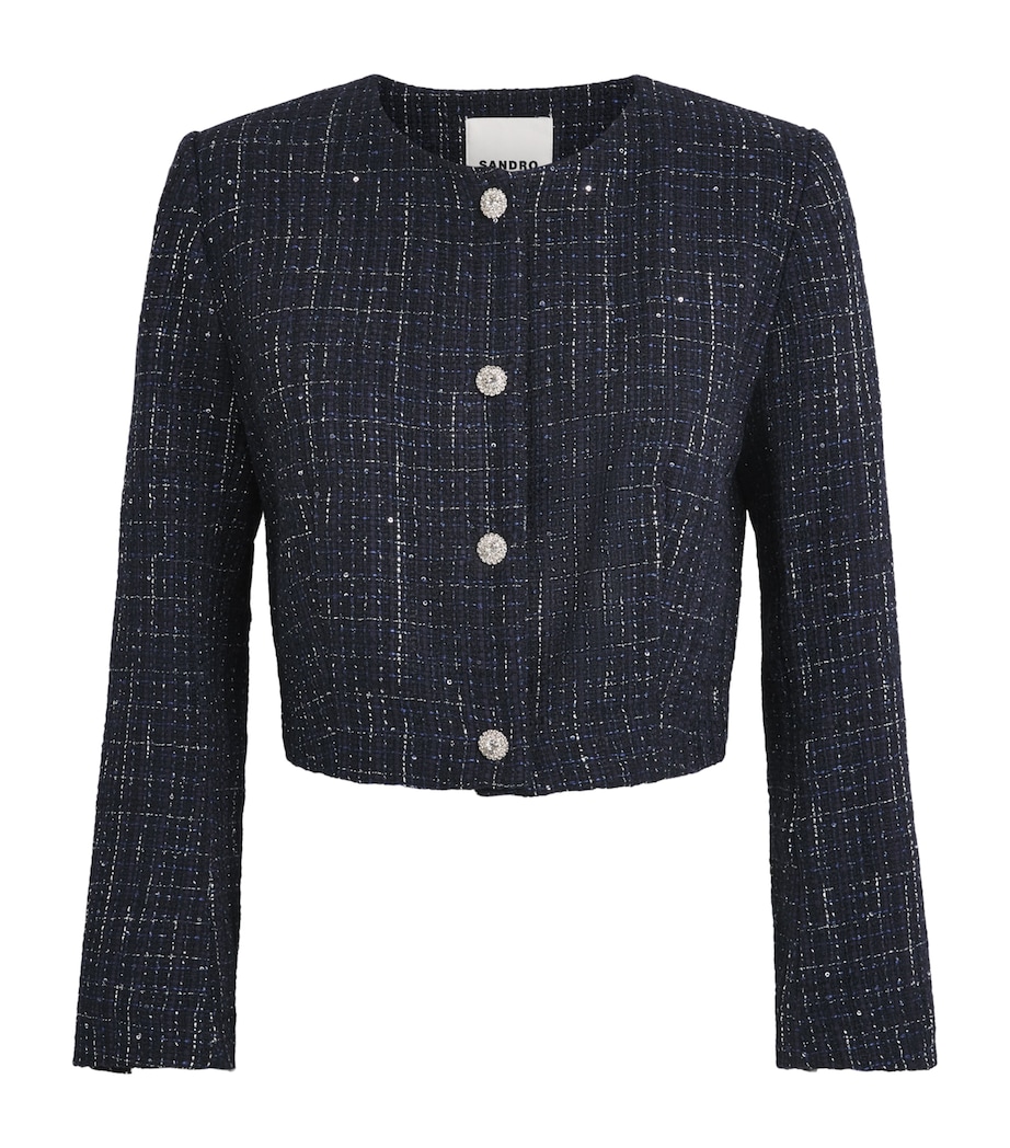 Sandro Paris Womens Tweed Sequinned Cropped Jacket Blue Image 1