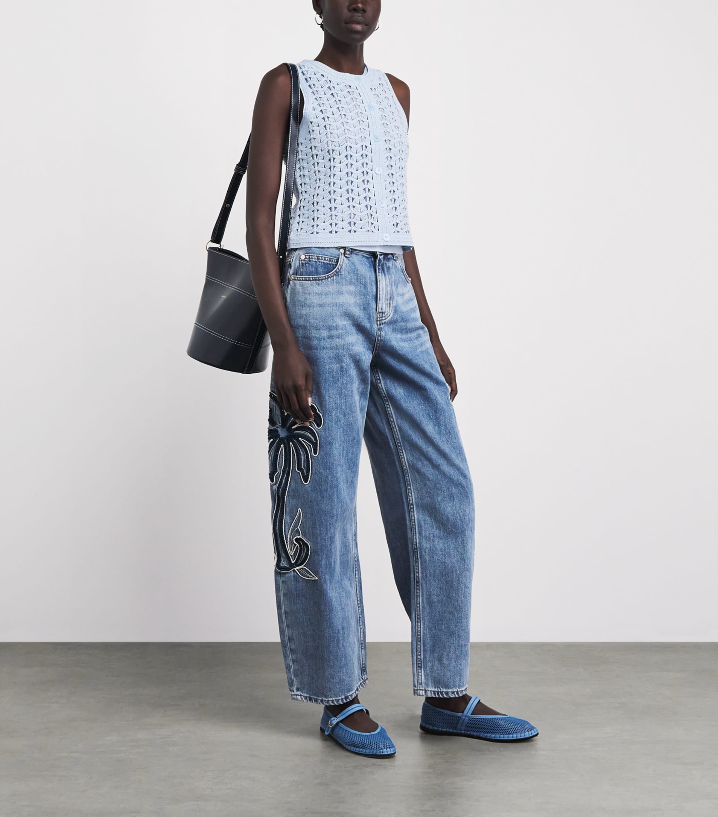 Sandro Paris Womens Openwork Crochet Sleeveless Cardigan Sky Blue Image 2