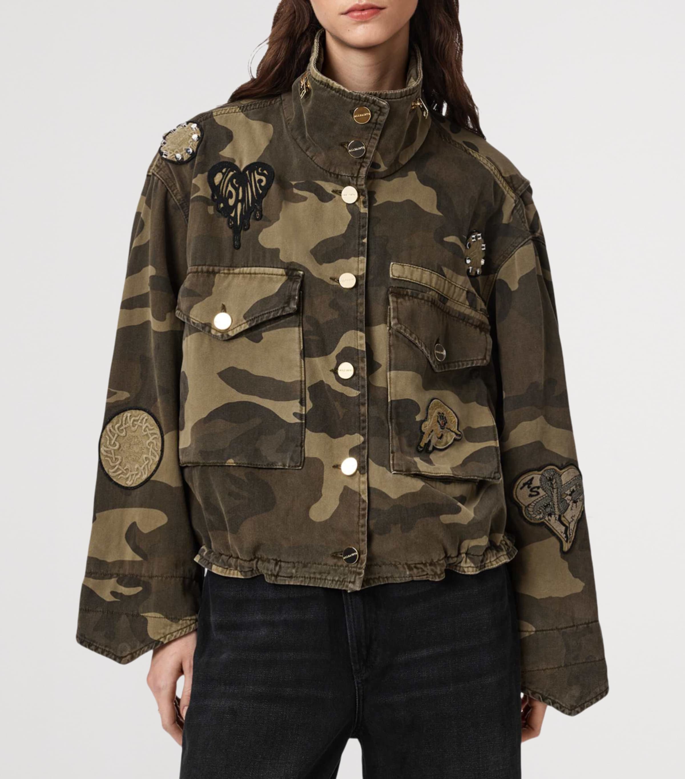 AllSaints Womens Organic Cotton Clay Patch Jacket Camo Green Image 3