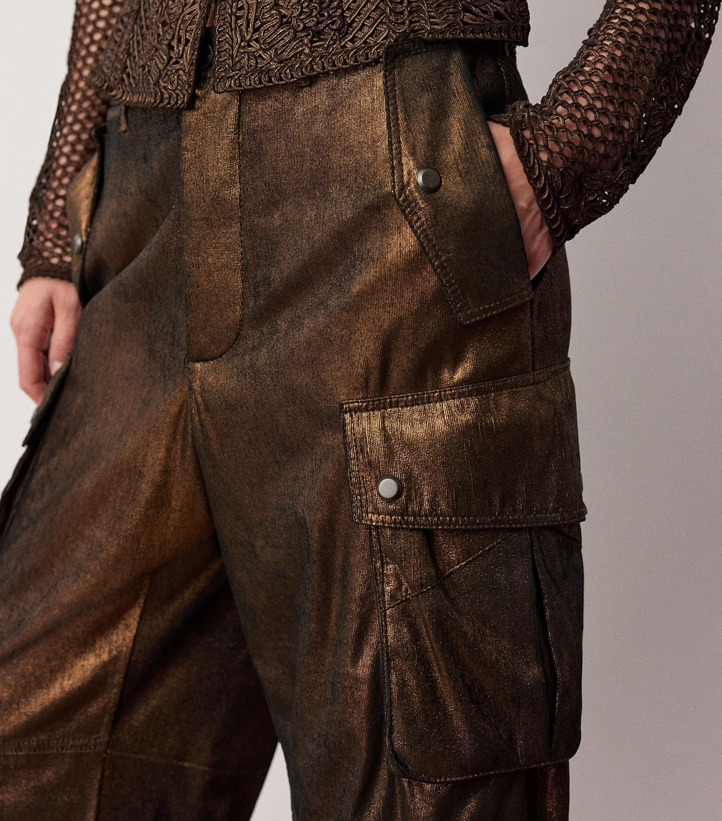 Ralph Lauren Collection Womens Metallic Leather Vaughn Cargo Trousers Bronze Image 4