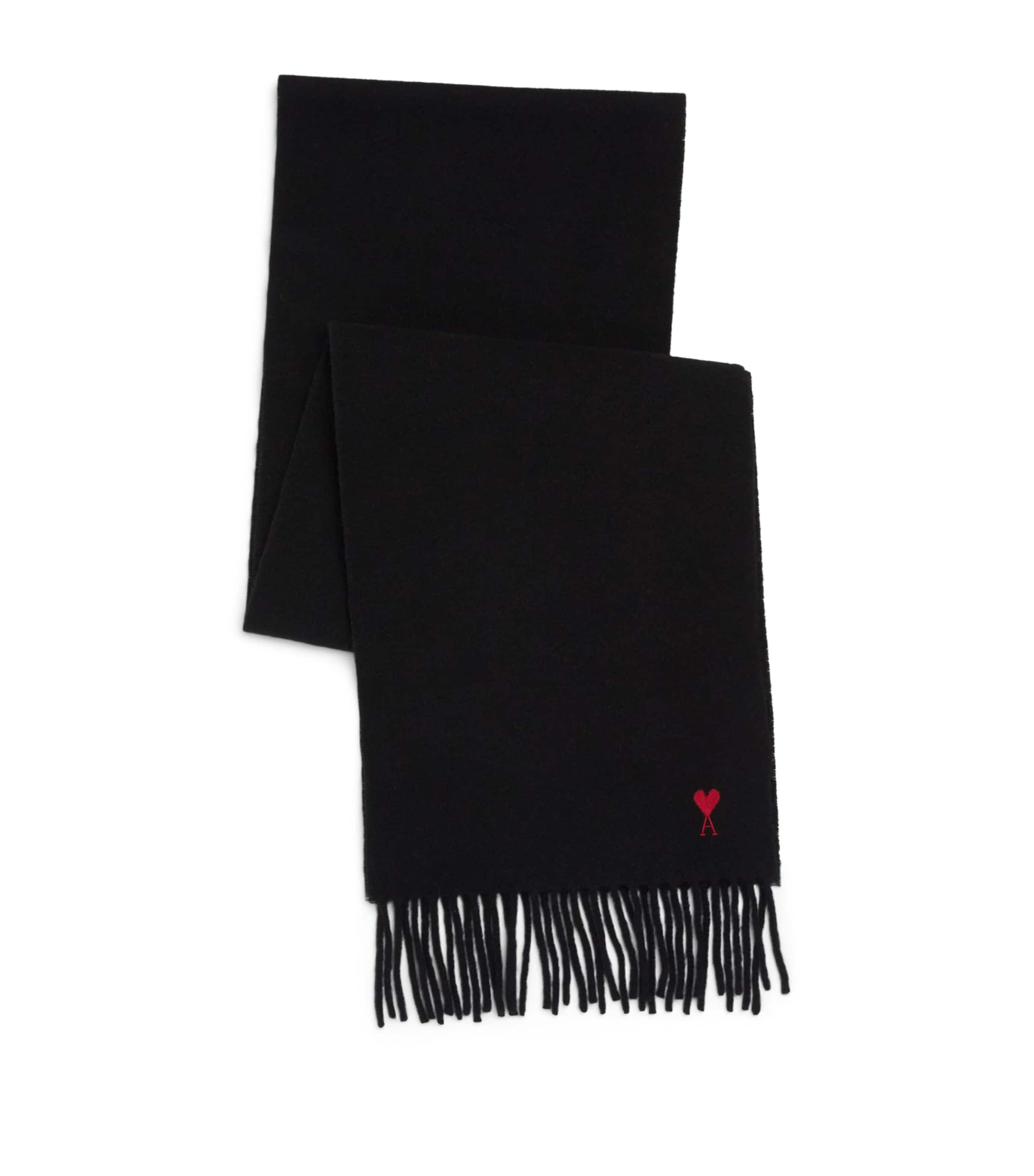 AMI Paris Wool Ami de Coeur Fringed Scarf Noir