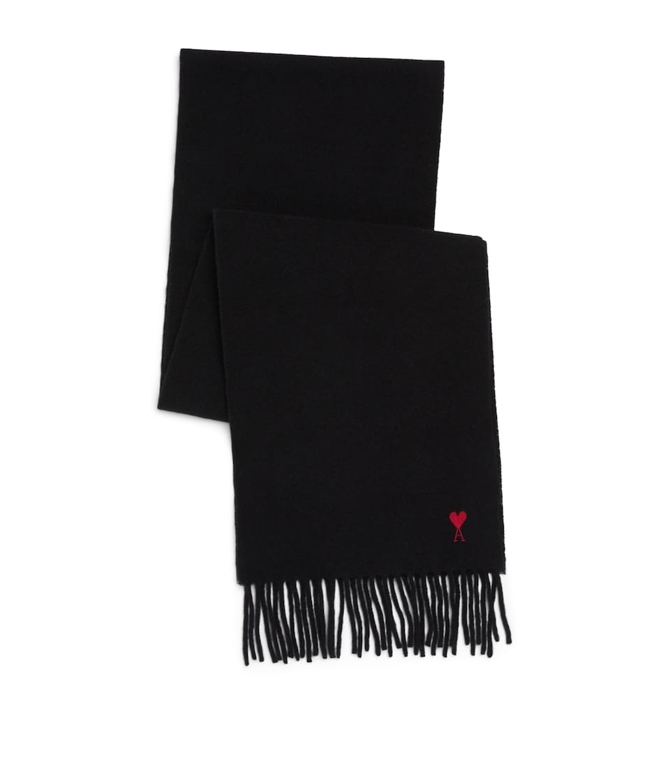 AMI Paris Wool Ami de Coeur Fringed Scarf Noir