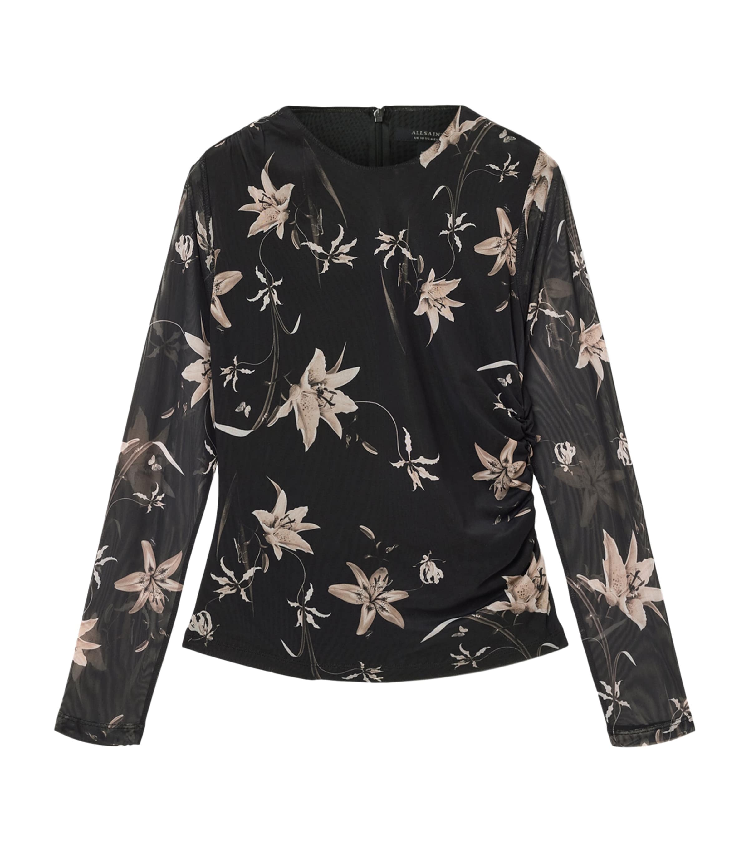 Allsaints Womens Petra Sepia Br Caia Floral-print Stretch-mesh Top In Multi