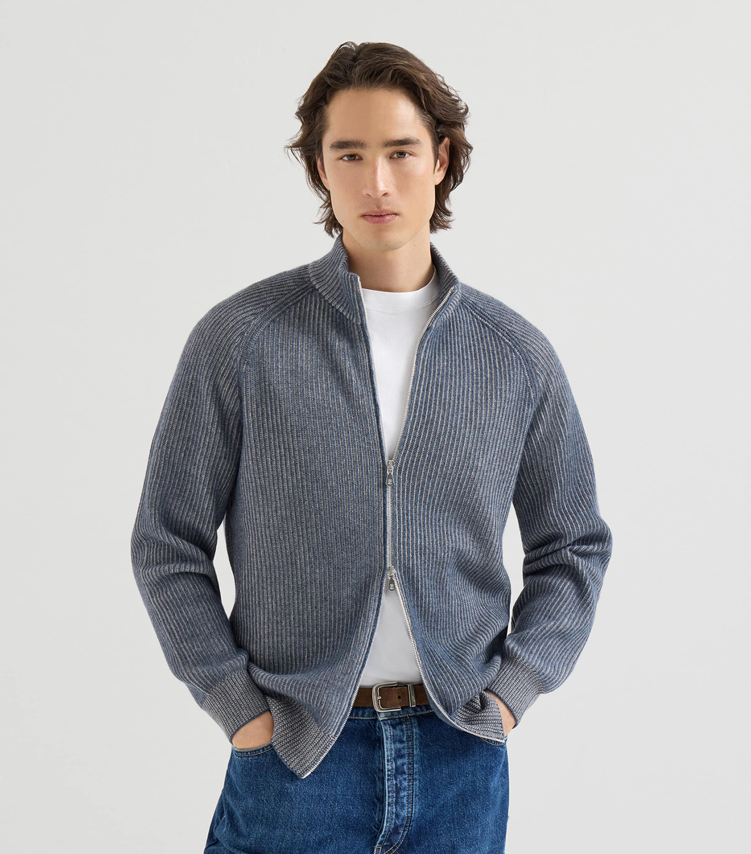 Brunello Cucinelli Mens Cashmere Ribbed Zip-Up Cardigan Image 4