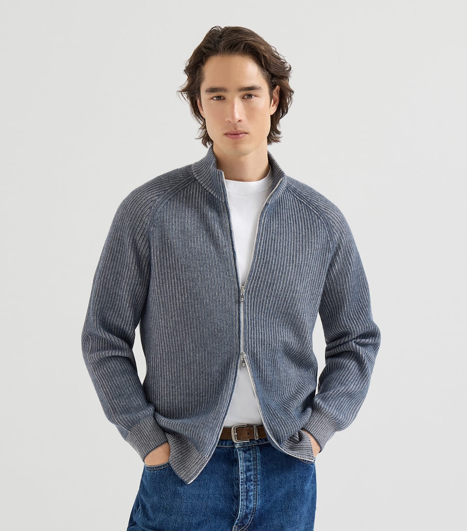 Brunello Cucinelli Mens Cashmere Ribbed Zip-Up Cardigan Image 4