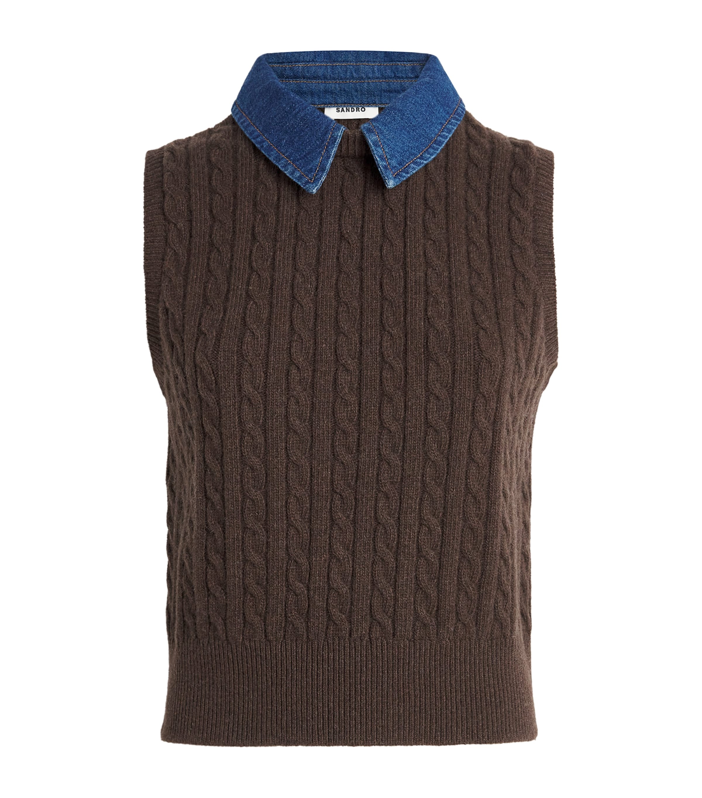 Sandro Womens Brown Denim-collar Ribbed Sleeveless Wool-blend Jumper In Brown