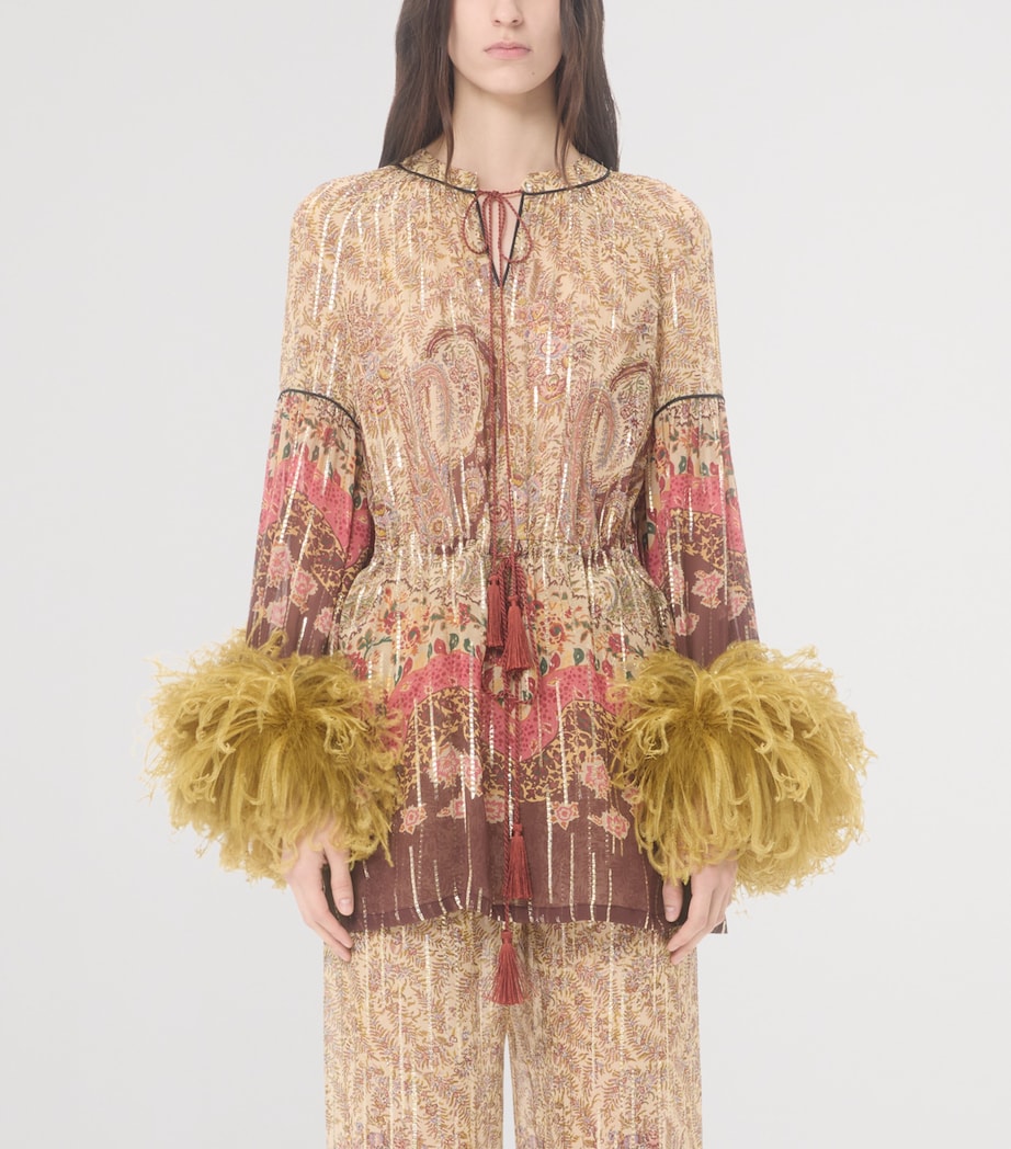 Valentino Womens Metallic Silk Feather-Trim Top Image 2