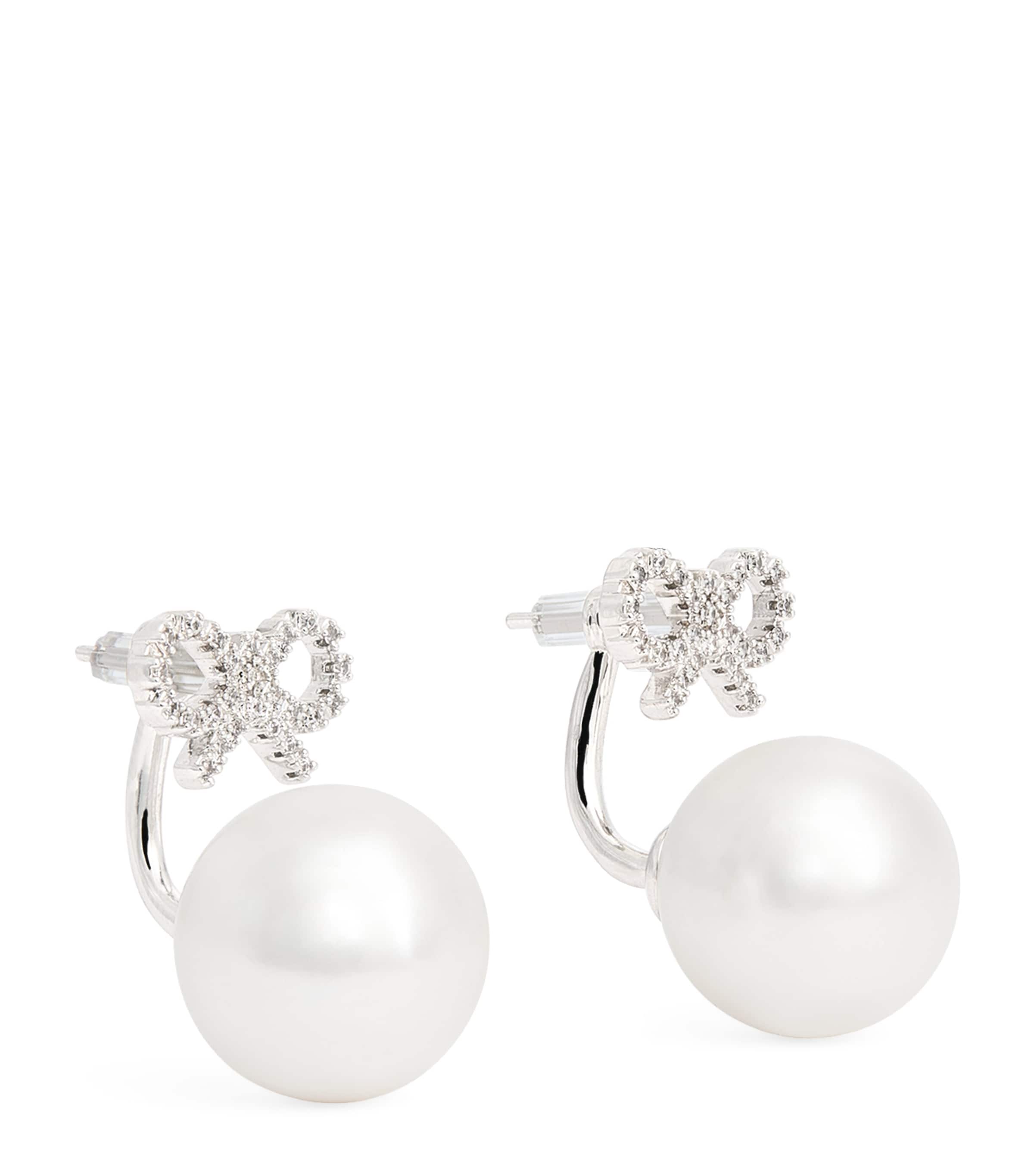 Self-portrait Crystal And Faux Pearl Bow Jacket Earrings In Metallic