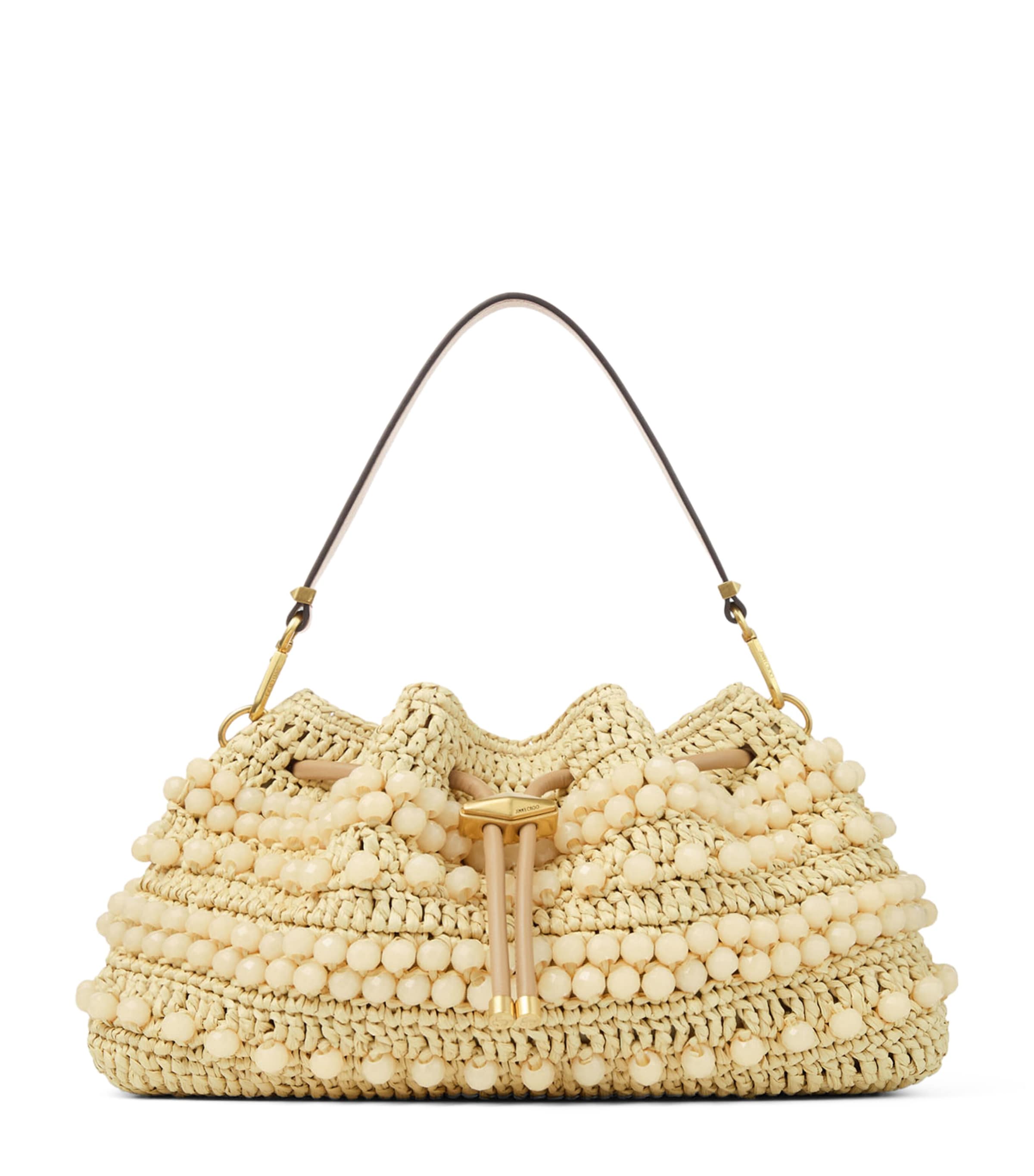 Jimmy Choo Beige Medium Cinch Raffia Beaded Bucket Bag | Harrods UK