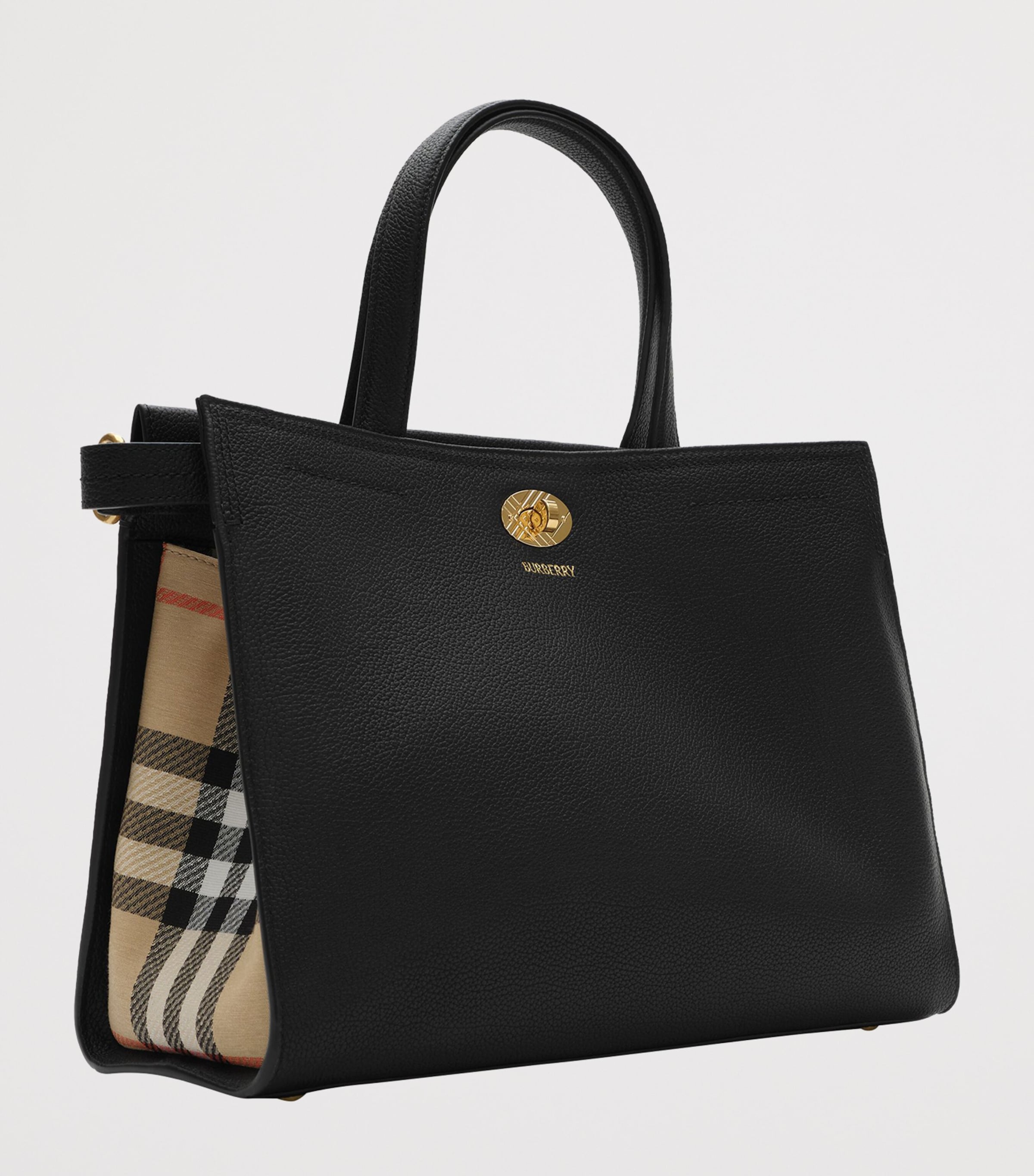 Burberry Small Leather Cotswolds Check Tote Bag Black Image 4
