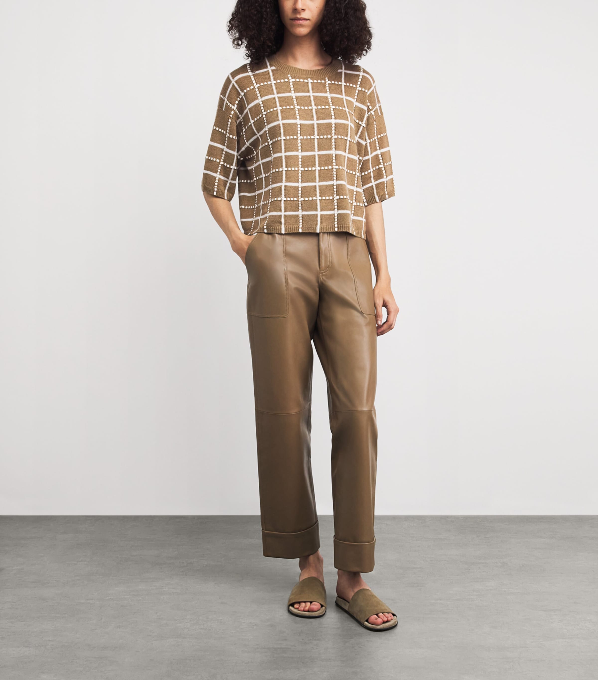 Lafayette 148 Womens Cashmere-Linen-Blend Grid Sweater Cdkmu Cadet Khki Mlt Image 2
