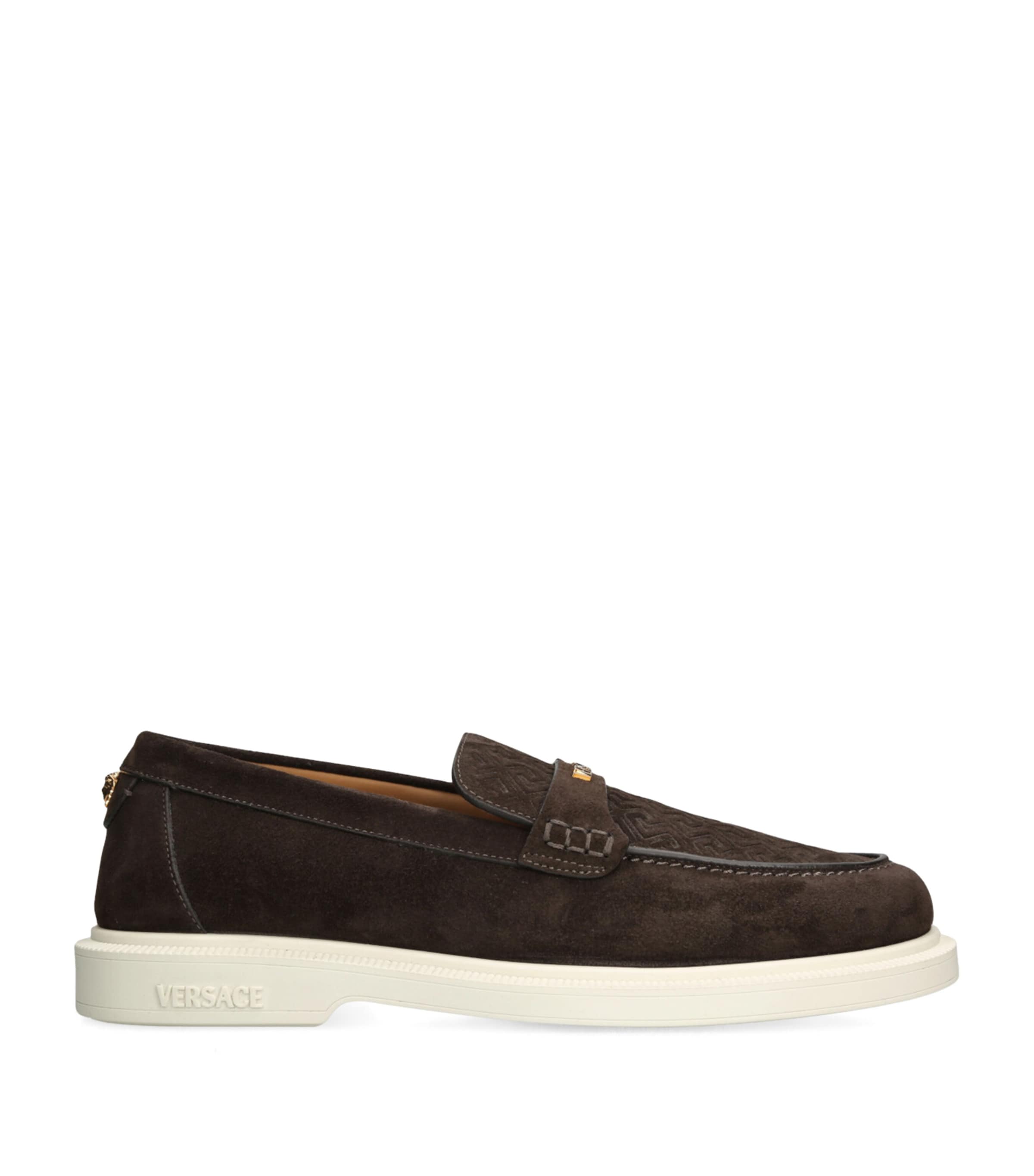 Versace Suede Greco Monogram Loafers In Blue