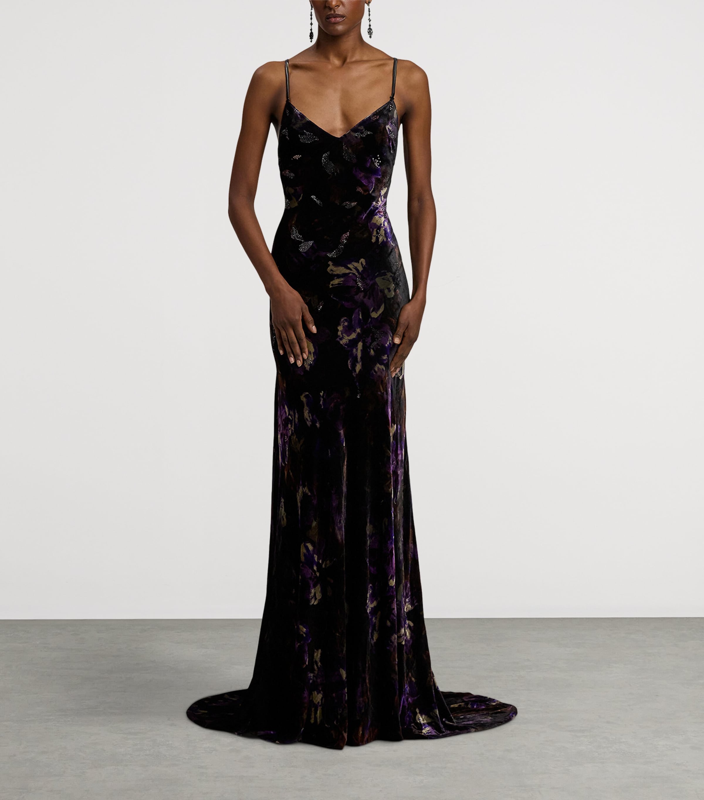 Velvet Embellished Floral Evening Dress BLACK/AUBERGINE Image 11