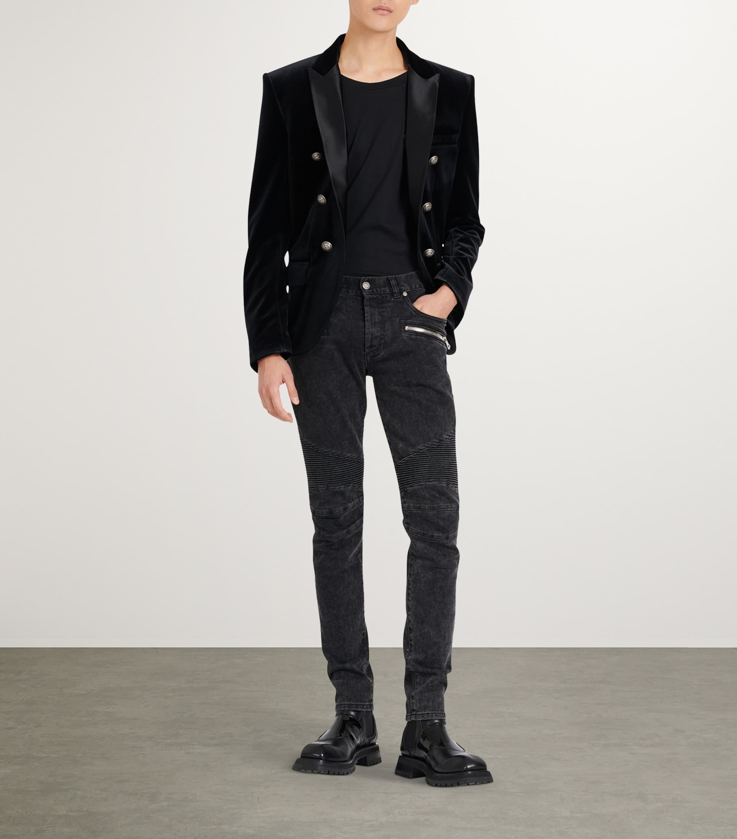 Balmain Mens Biker-Detail Skinny Jeans Noir D+lav+ Image 3