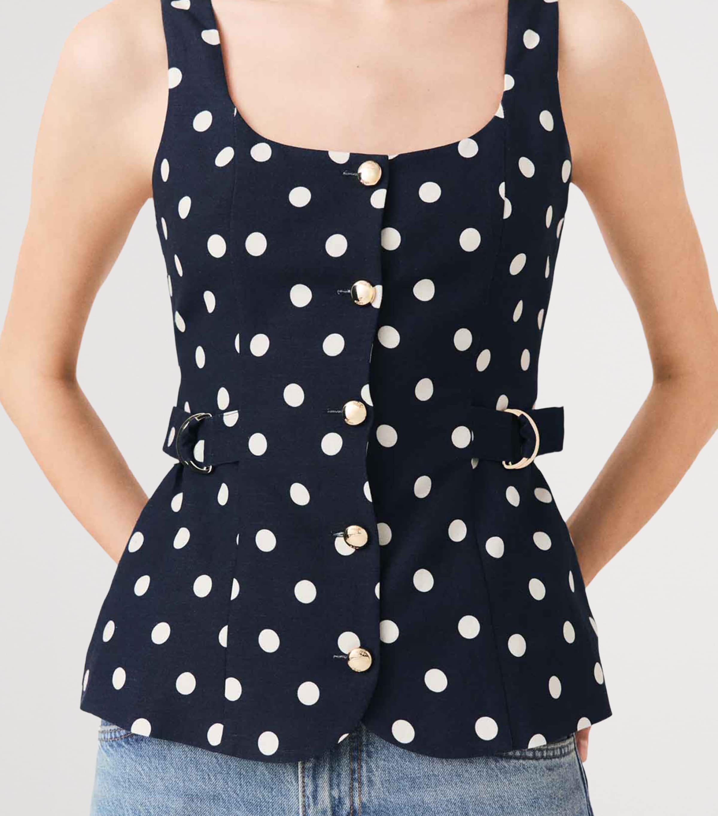 Maje Womens Linen-Blend Polka-Dot Waistcoat Navy Dots Print Image 7