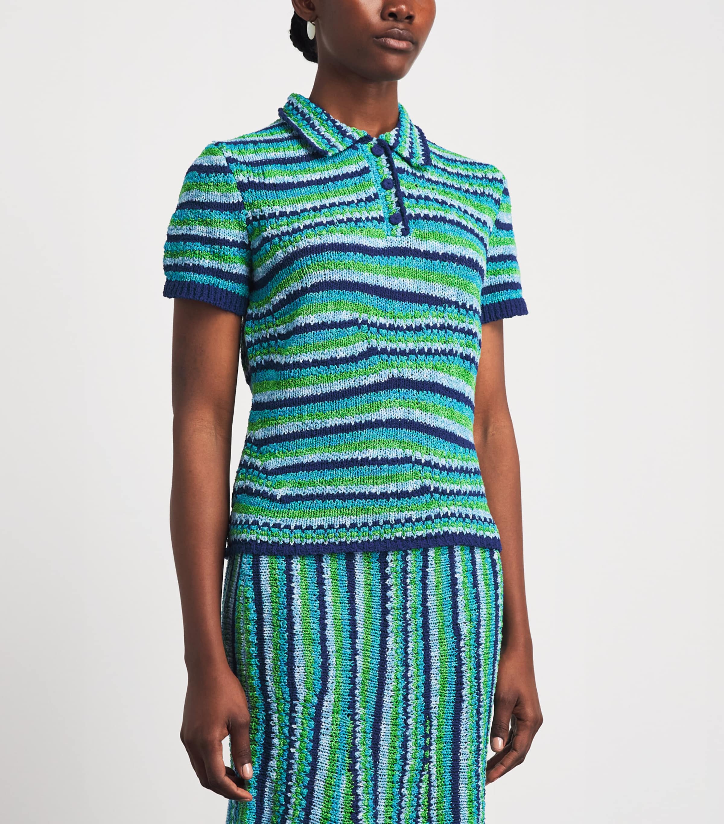 Tory Burch Womens Knitted Stripe Polo Shirt Ocn/lght Blu/grn Image 4