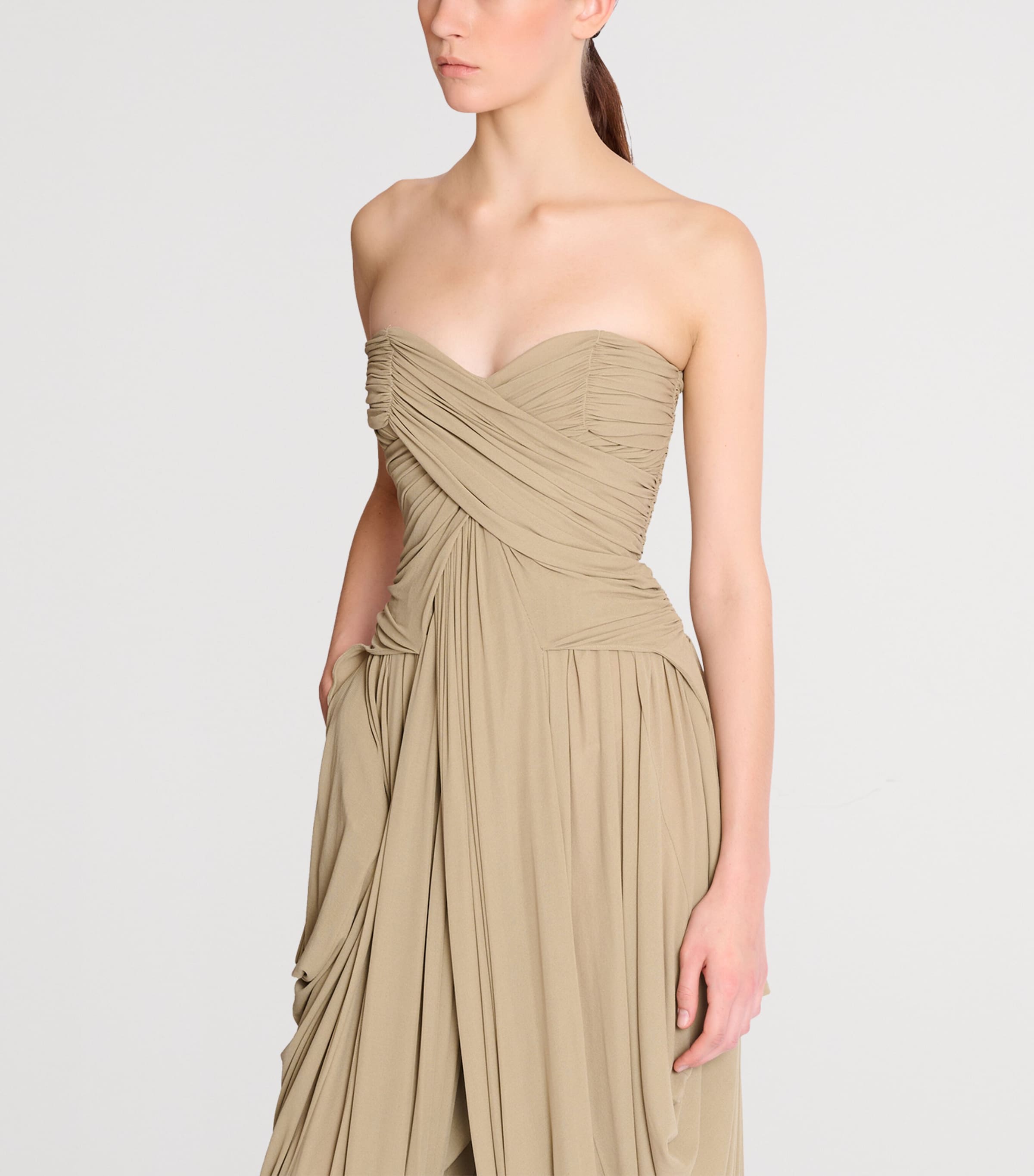Balmain Womens Draped Strapless Jumpsuit Beige Foncé Image 7