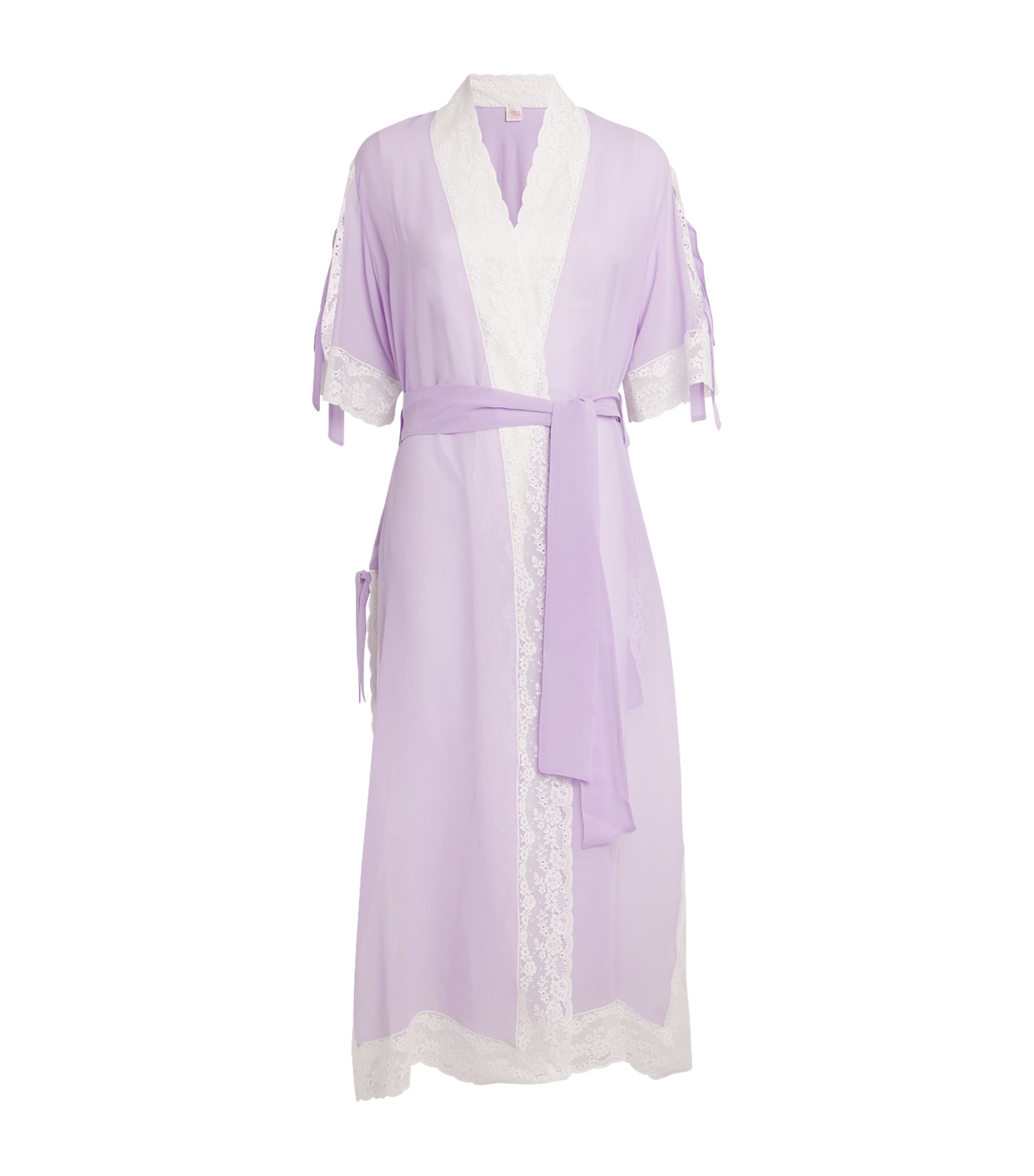 Shop Loretta Caponi Silk Lace-trim Costanza Robe In Purple